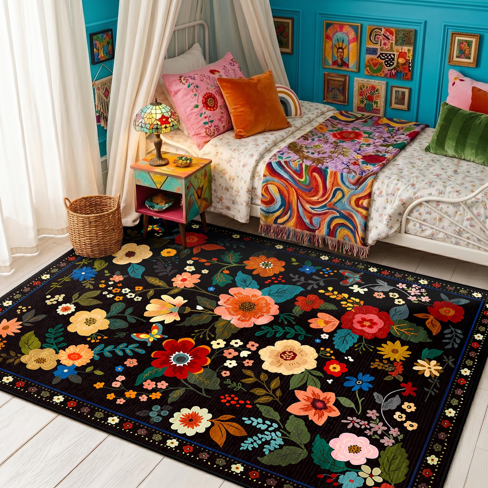 Tapis à motif floral noir 90x150 cm lavable pour salon