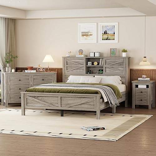 3-Pieces Bedroom Sets Queen Size Farmhouse Platform Bed with Double Sliding Door Storage Headboard, Storage Nightstand and Dresser, 3 Piece Bedroom Furniture Set Queen Size, White