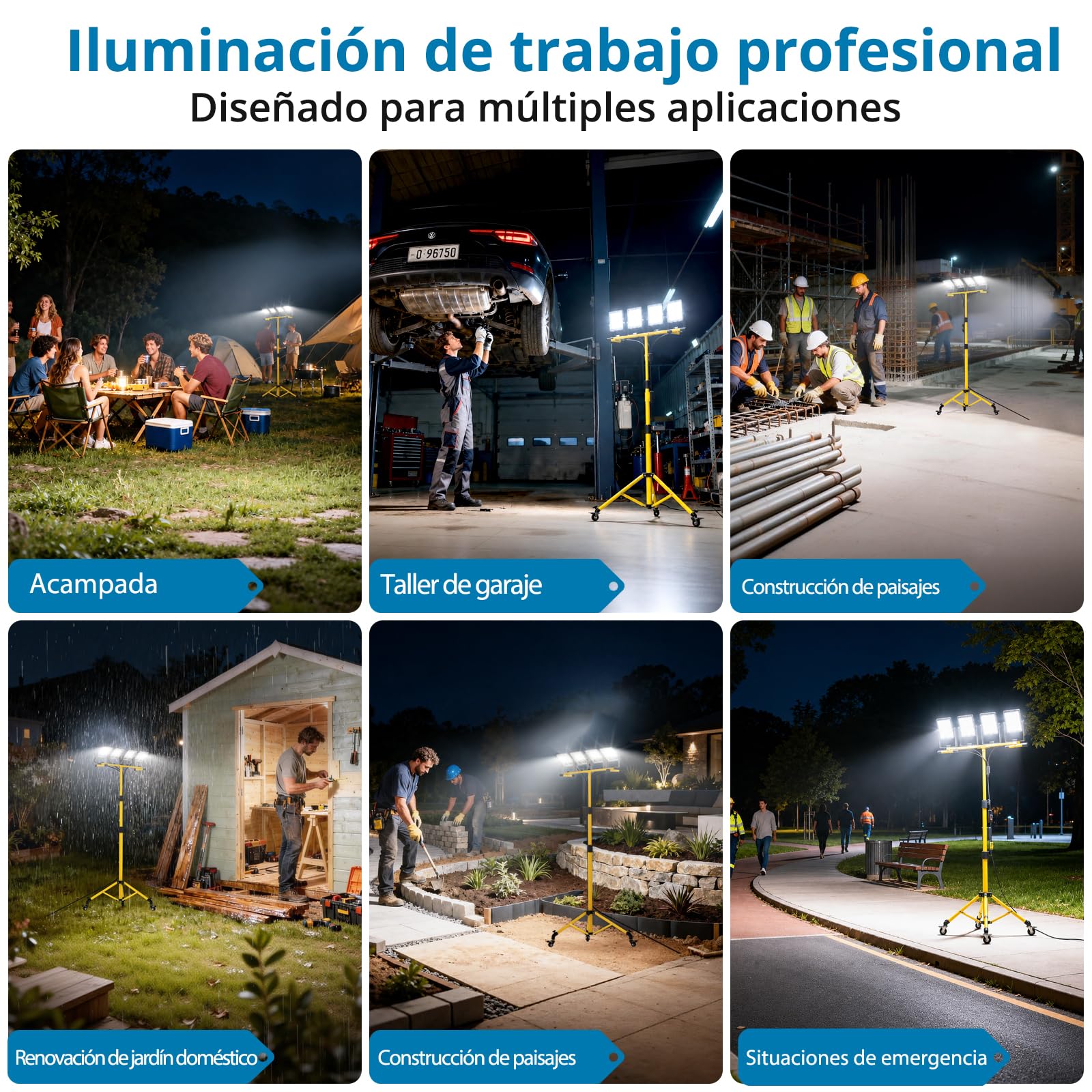 AUTOUTLET Foco de Trabajo Cabezales Rotación de 360° 6500K, Impermeable IP66 Con Cable 5m y Trípode Ajustable para Construcción,Acampada,Taller (4x70w)