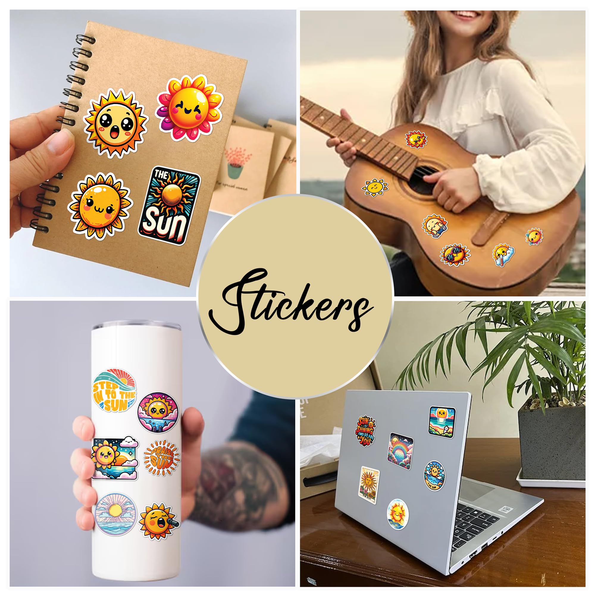 Set van 100 stickers in de vorm van een zon, lachende zon, zelfklevende vinyl stickers voor auto, laptop, skateboard, fiets, bromfiets