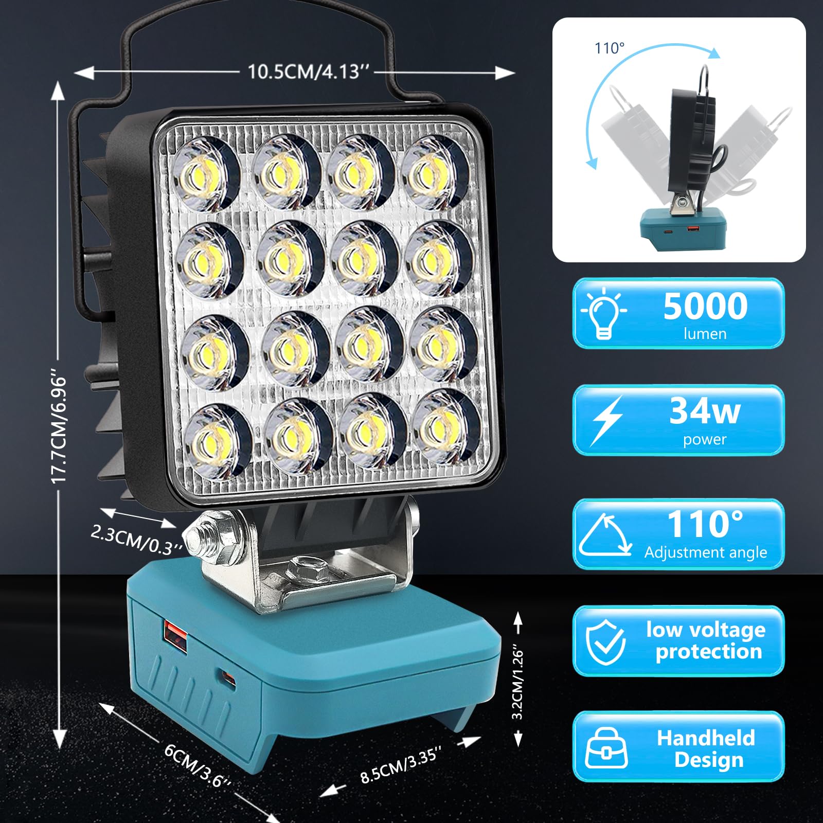 Compatible con Makita 18V Suministro de Energía de La Batería Luces de Trabajo,34W 5000Lm Lámparas Led Sin Cuerda,Luz de Trabajo de Inundación Portátil Linterna con Puerto de Carga USB Camping