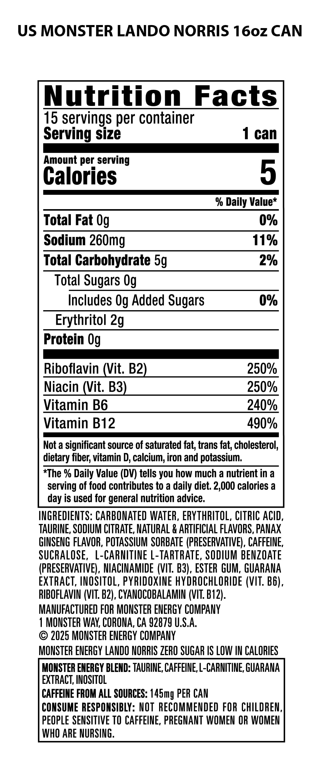 Monster Energy Lando Norris, Sugar Free Energy Drink, 16 Ounce (Pack of 15)