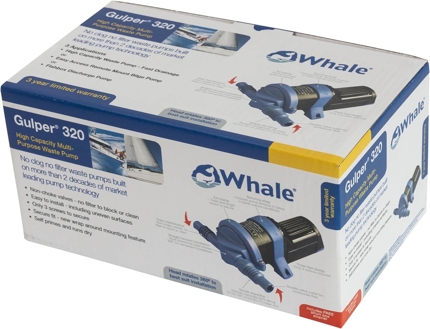 Whale Gulper 320 High Capacity Graywater Waste Pump, 5 GPM, Handles Waste From Multiple Drains - No Filters, Non Clog