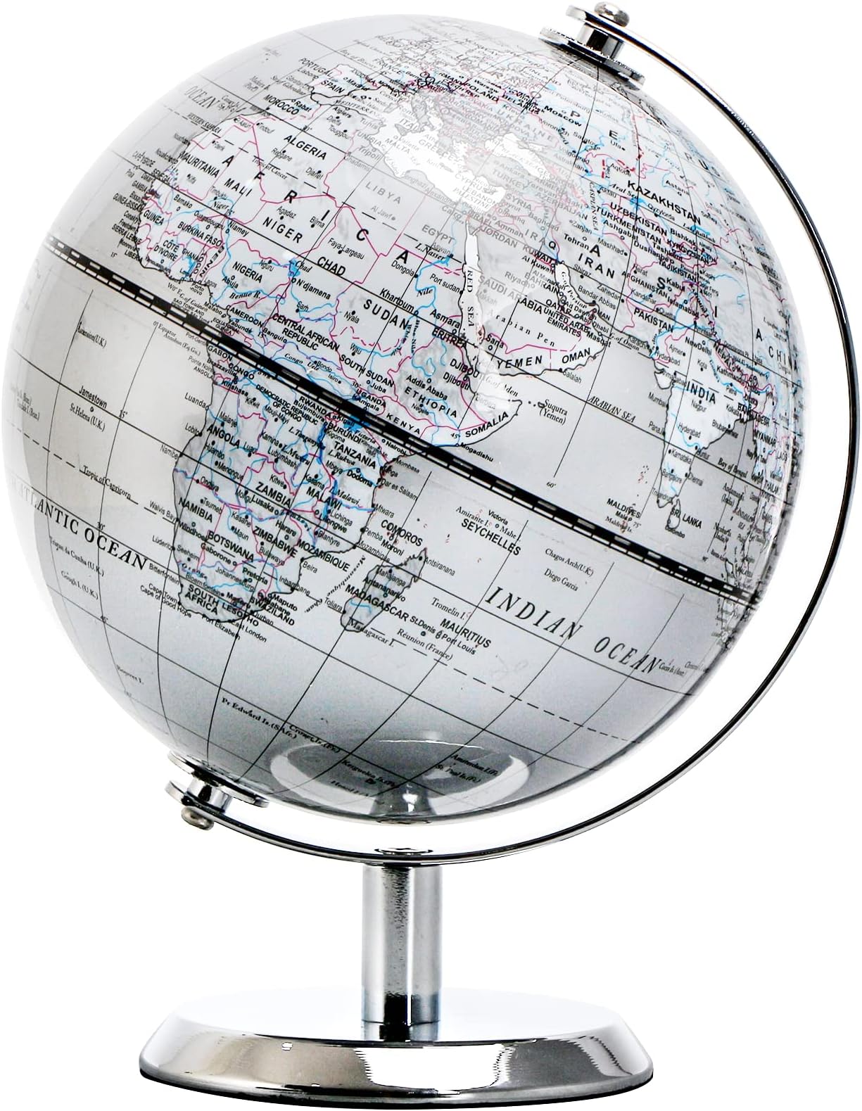 5.5'' World Globe Silver - English Map - Mini Globe Educational/Geographic - Stainless Steel Arc and Base - Silver Grey