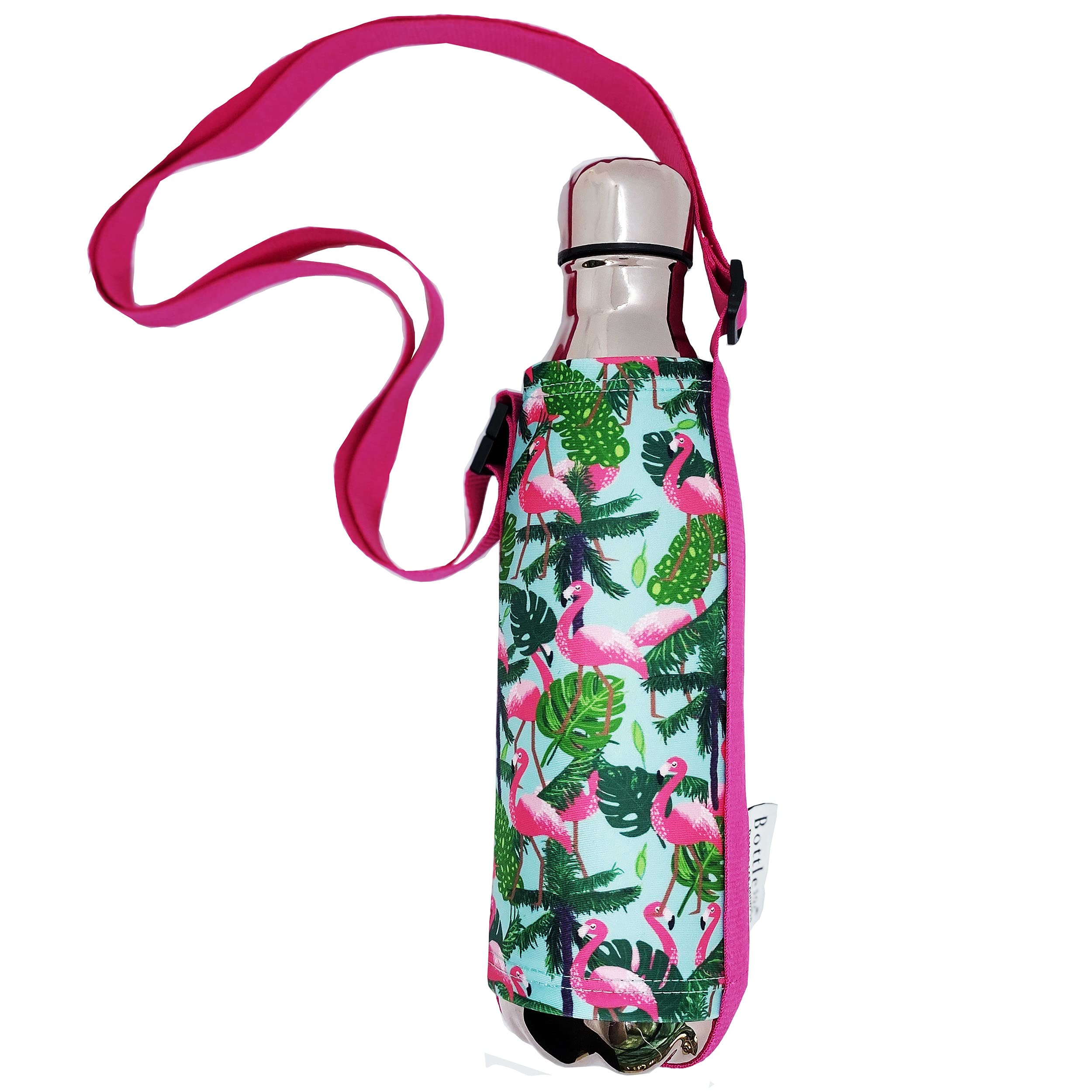 Bottlesoc Water Bottle Carrier with Shoulder Strap | Flamingo Design - Washable Cover for Walking & Travel | Eco Friendly Sleeve with Adjustable Strap | Stretchable & Reusable Water Bottle Holder