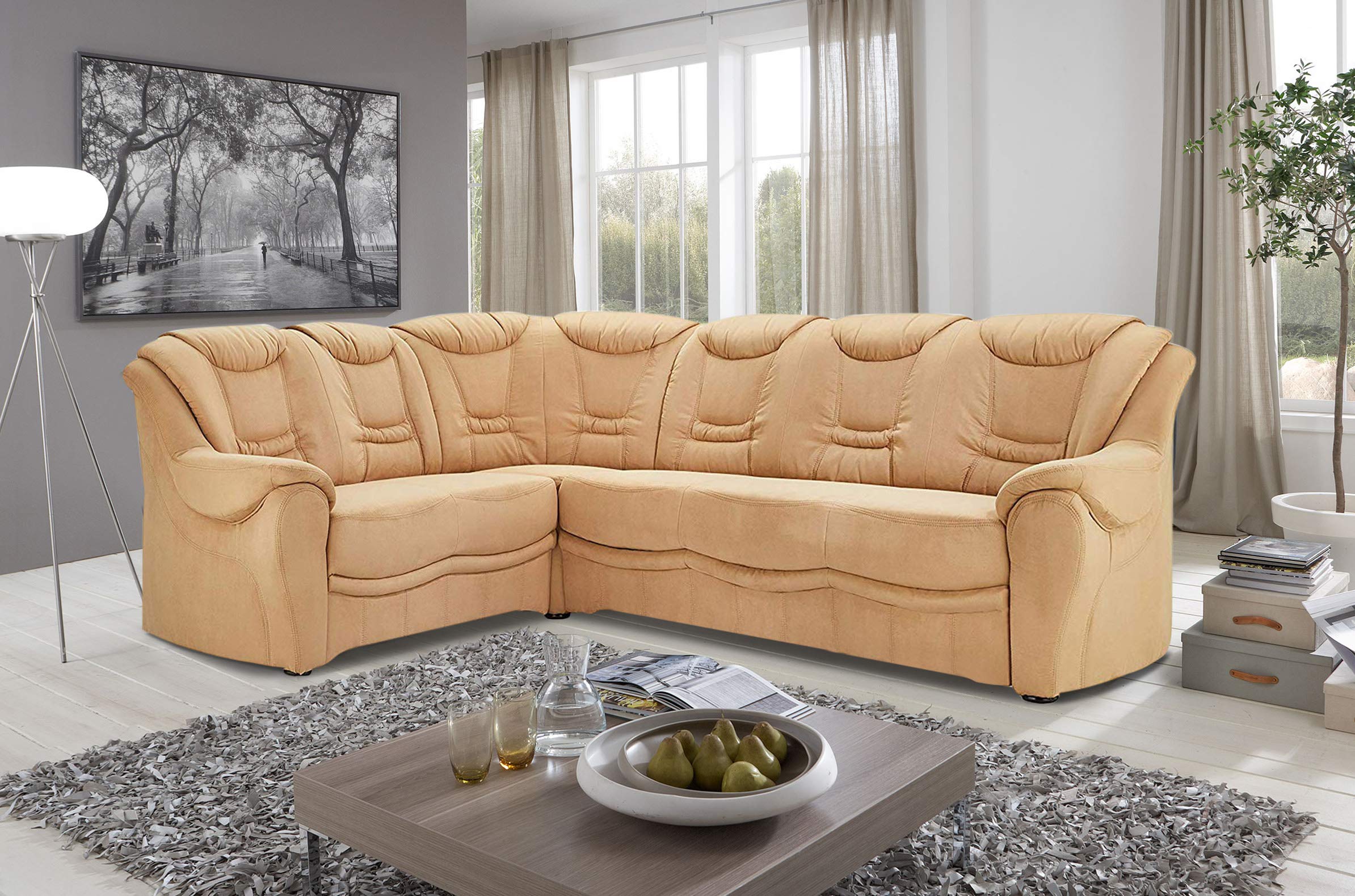 Cavadore Ecksofa Bansa mit Federkern / Polstercouch im klassischen Design / 265 x 94 x 215 / Mikrofaser Hellbraun