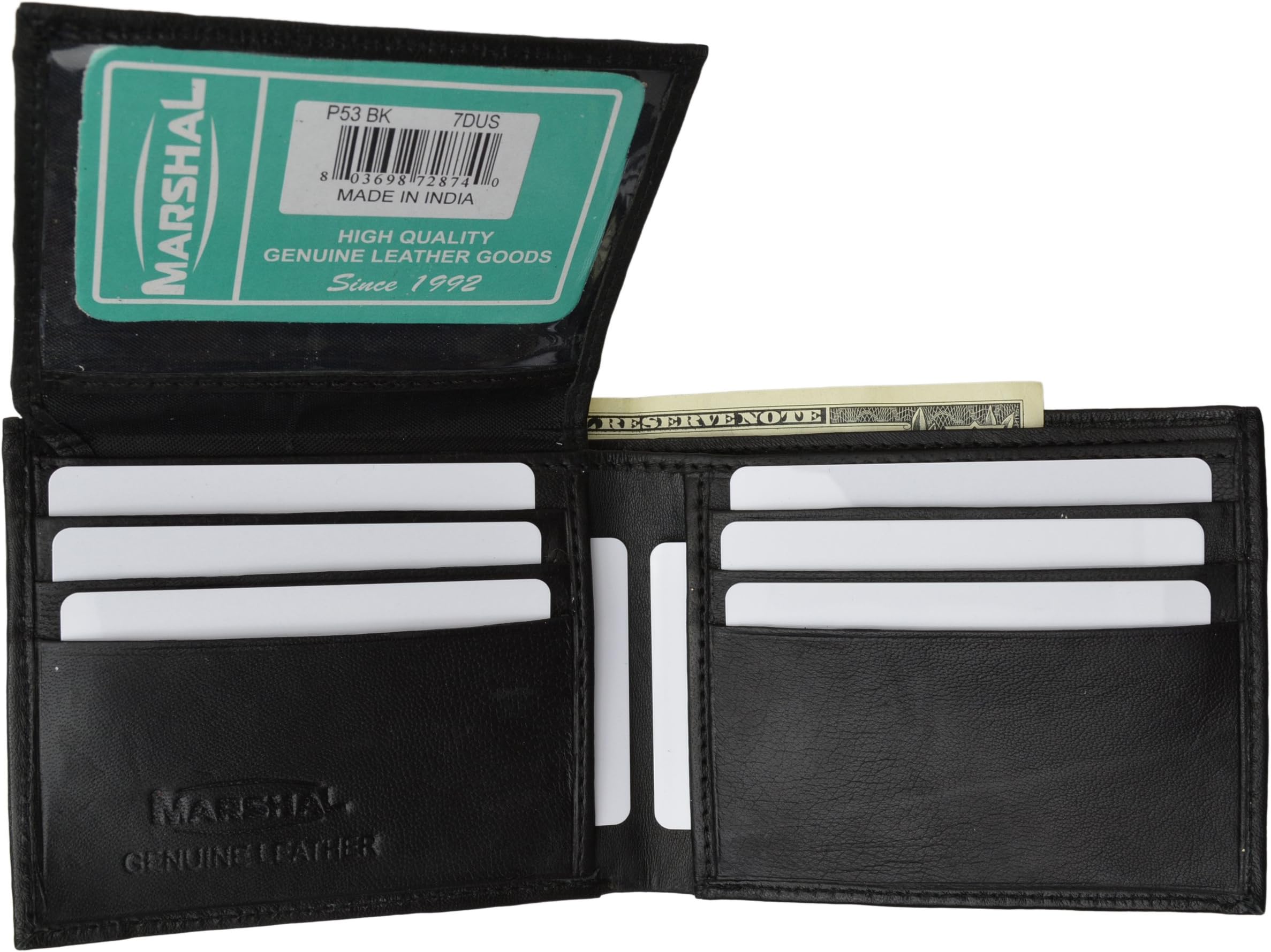Leather Men Bi Fold Wallet with FIXED FLIP UP single Window ID - BLACK-by Marshal®