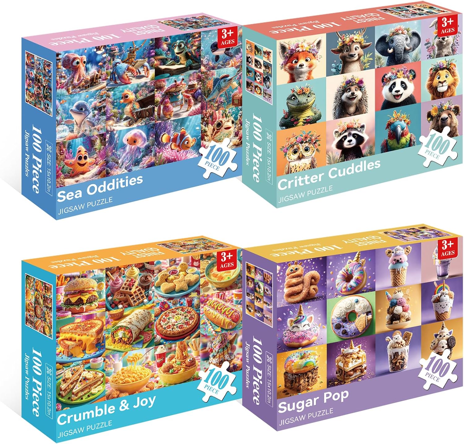4-Pack 100 Piece Puzzles for Kids, Animal & Food Theme Large Piece Puzzles for Elderly, Dementia & Alzheimer’s Activities for Adults and Kids Ages 6-10, 15 x 10.2 in
