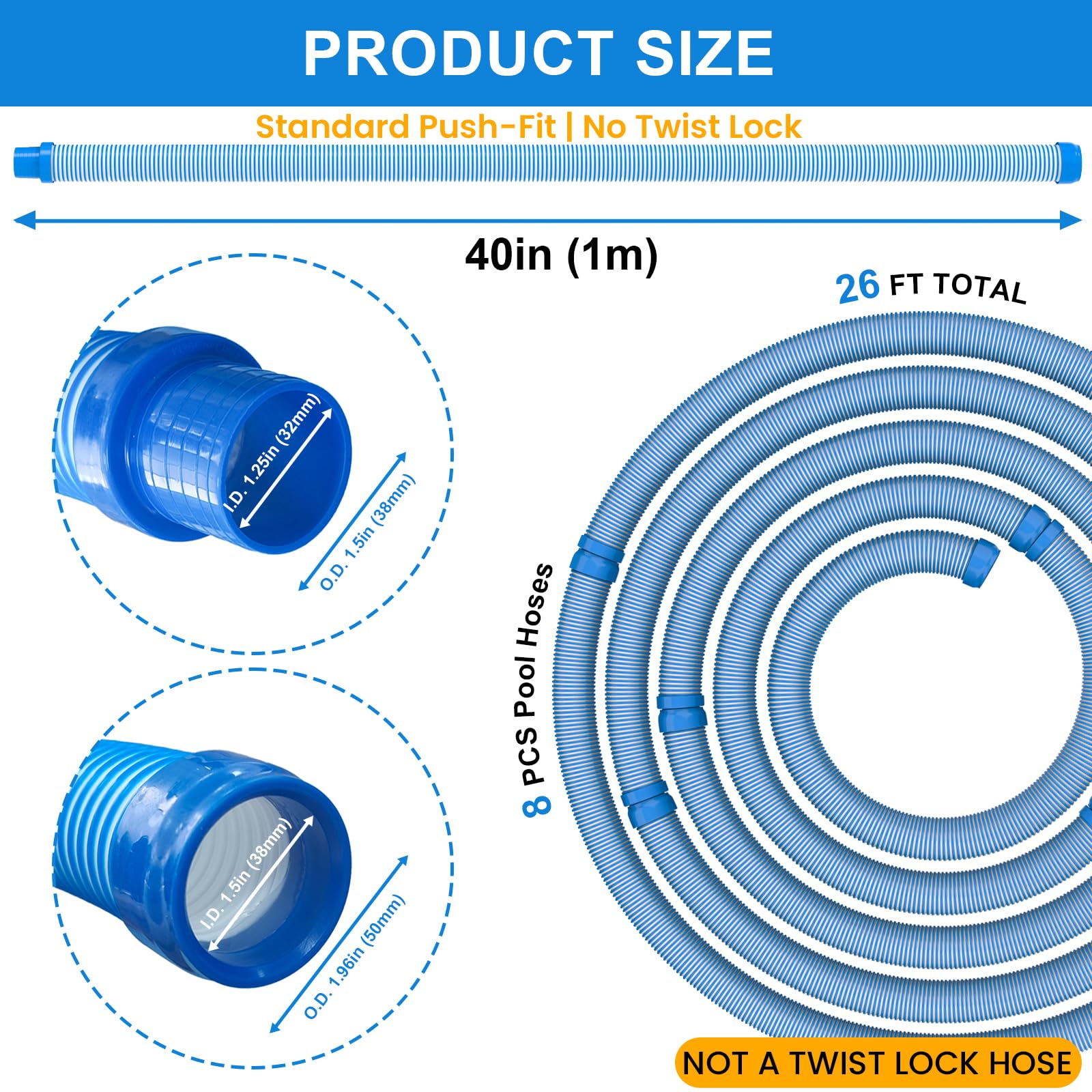 Poolvio Manguera de vacío/manguera de repuesto para piscina, 3,8 cm, 8 mangueras para piscina, spa