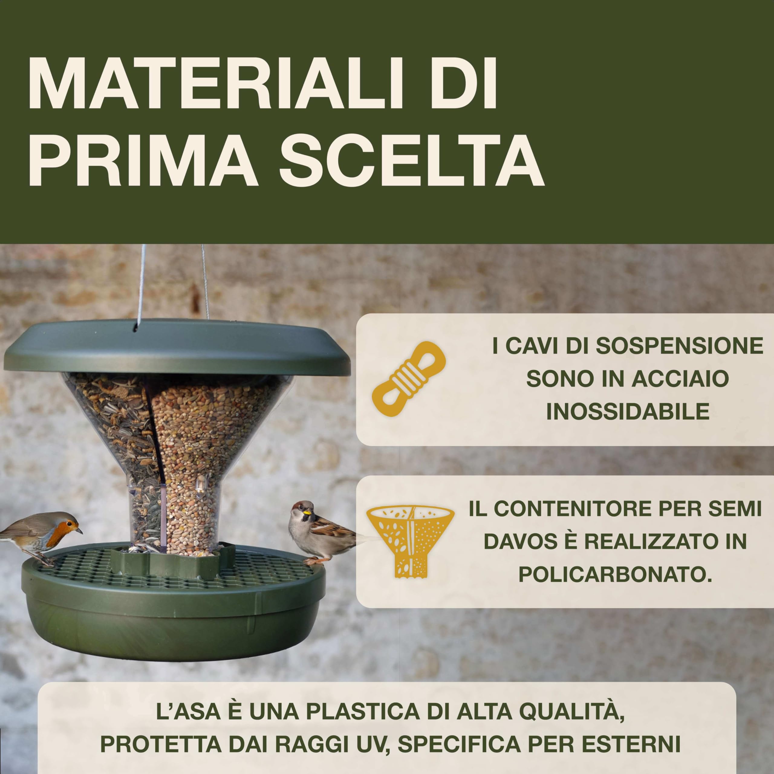 SWISSINNO Mangiatoia per Uccellini da Esterno Davos SMART BIRDS Casetta Cibo Uccelli Selvatici 2 Scomparti Antispreco Verde