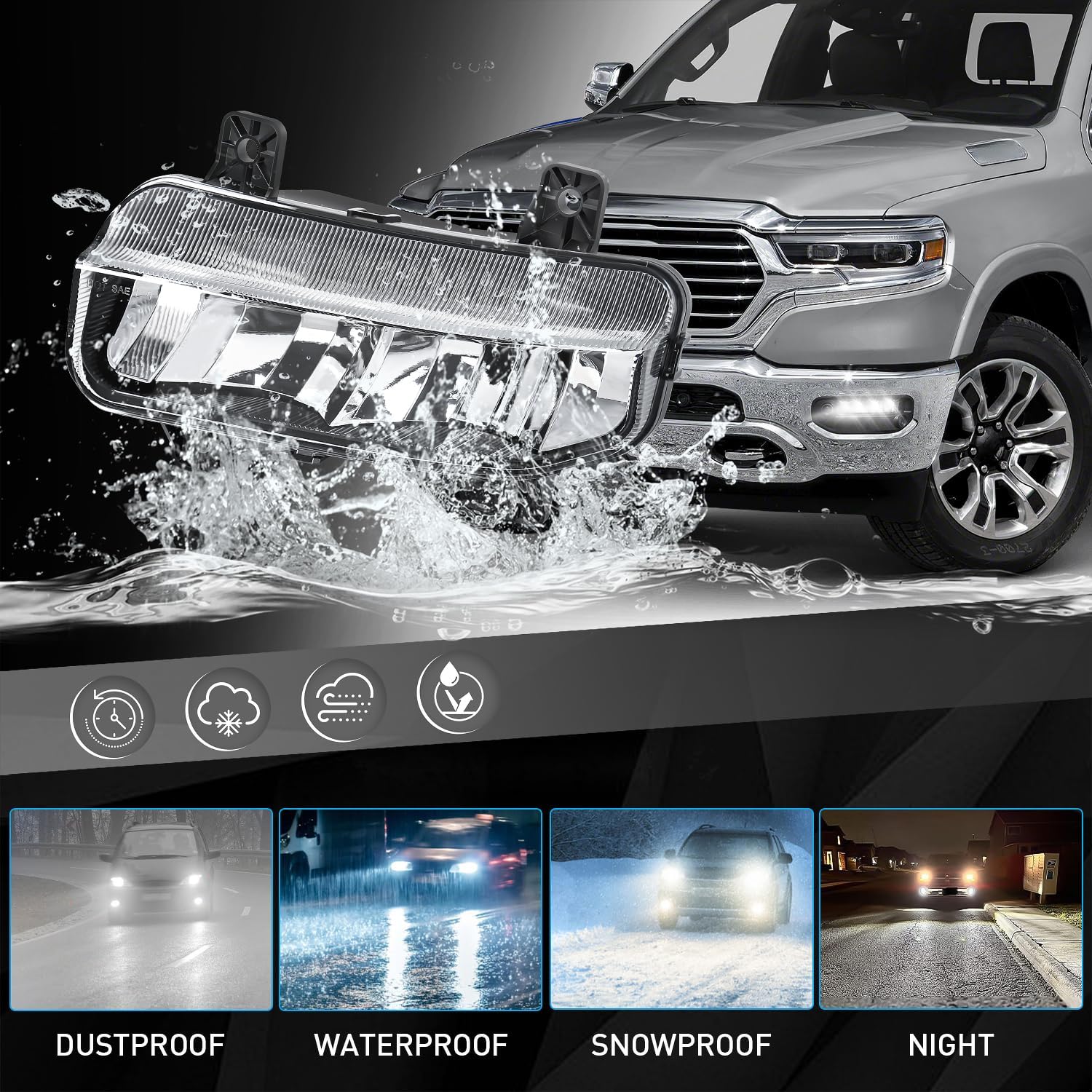 Condition photo showing New/Like New for led fog lights assembly for 2019 2020 2021 2022 2023 2024 dodge ram 1500 pickup - bumper driving fog lamps oem replacement with bracket, bezels, switch, harness (white) white light for 1500
