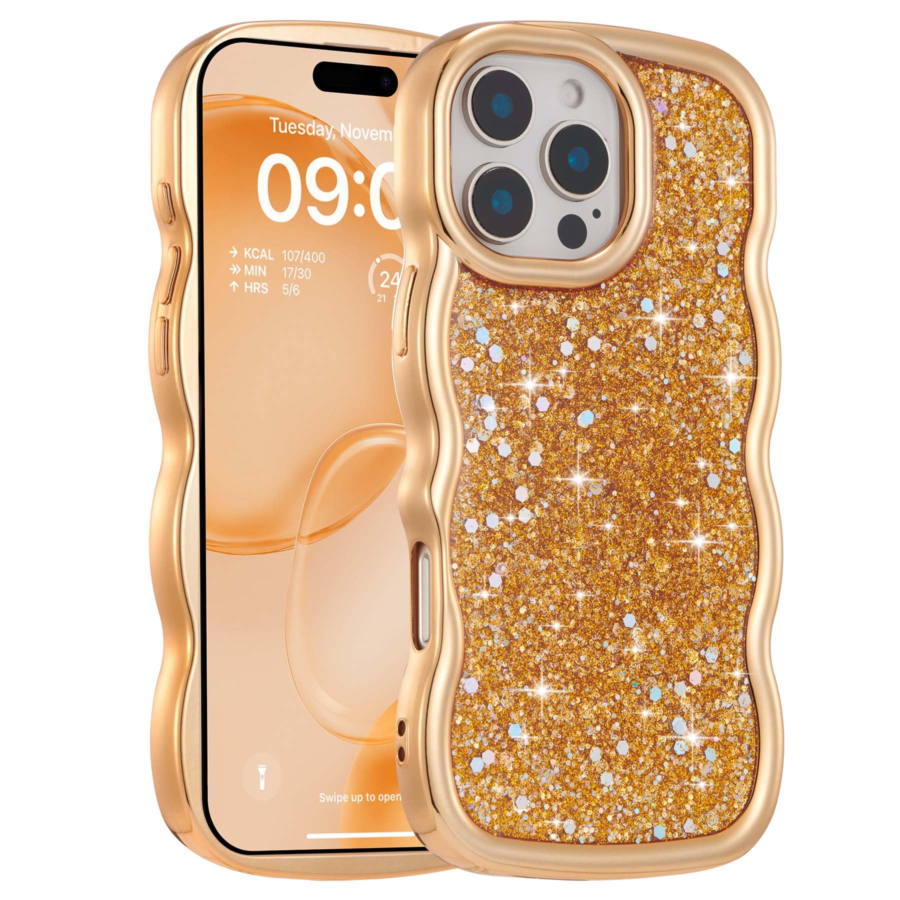 FABSPARK Case for iPhone 16 Pro Max,Crystal Diamond Rhinestone Shiny Bling Sparkly Glitter,Glossy Luxury Electroplated Curly Wavy Frame Wave Case,