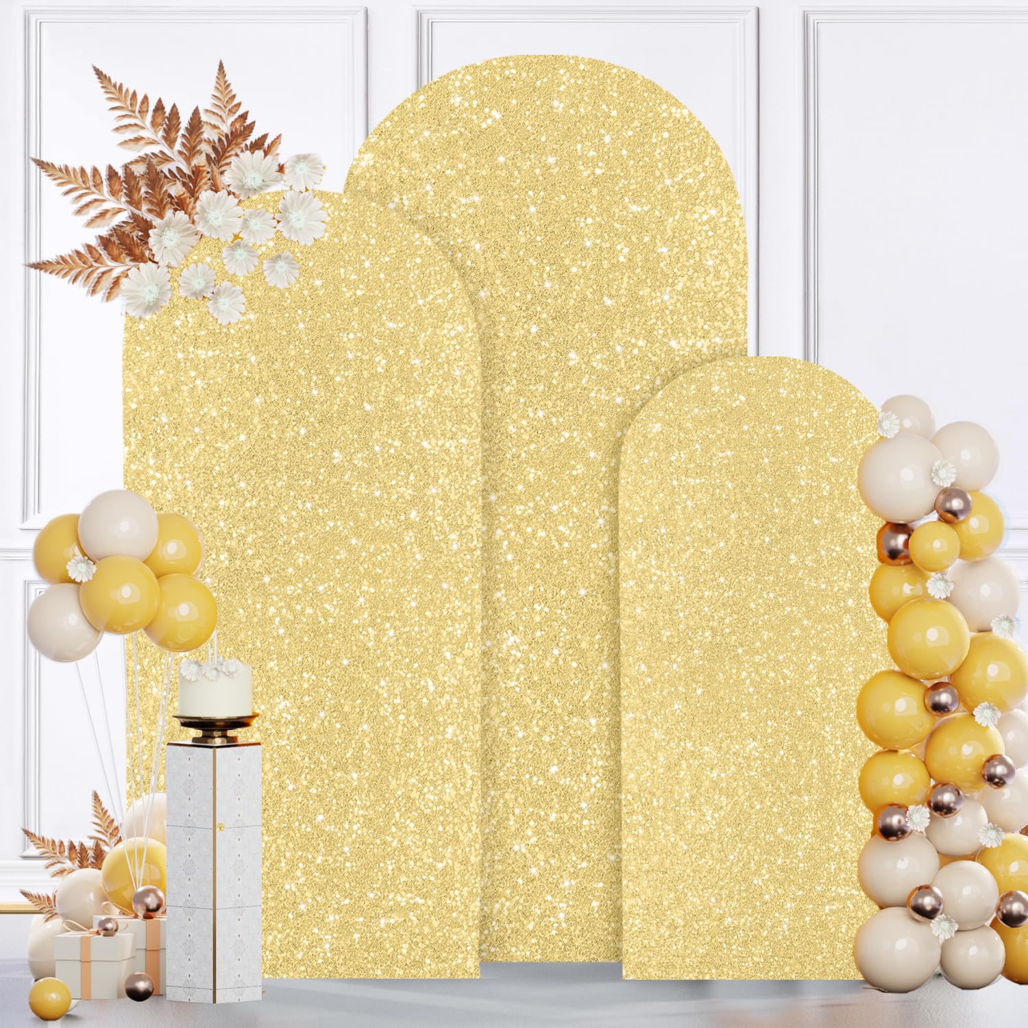 MODFUNS Gold Sequins Arch Cover Shimmer Arch Covers 6ft 6.6ft 7.2ft Spandex Arch Cover Double Used Wedding Arch Cover Set Vintage Shiny Arch Stand