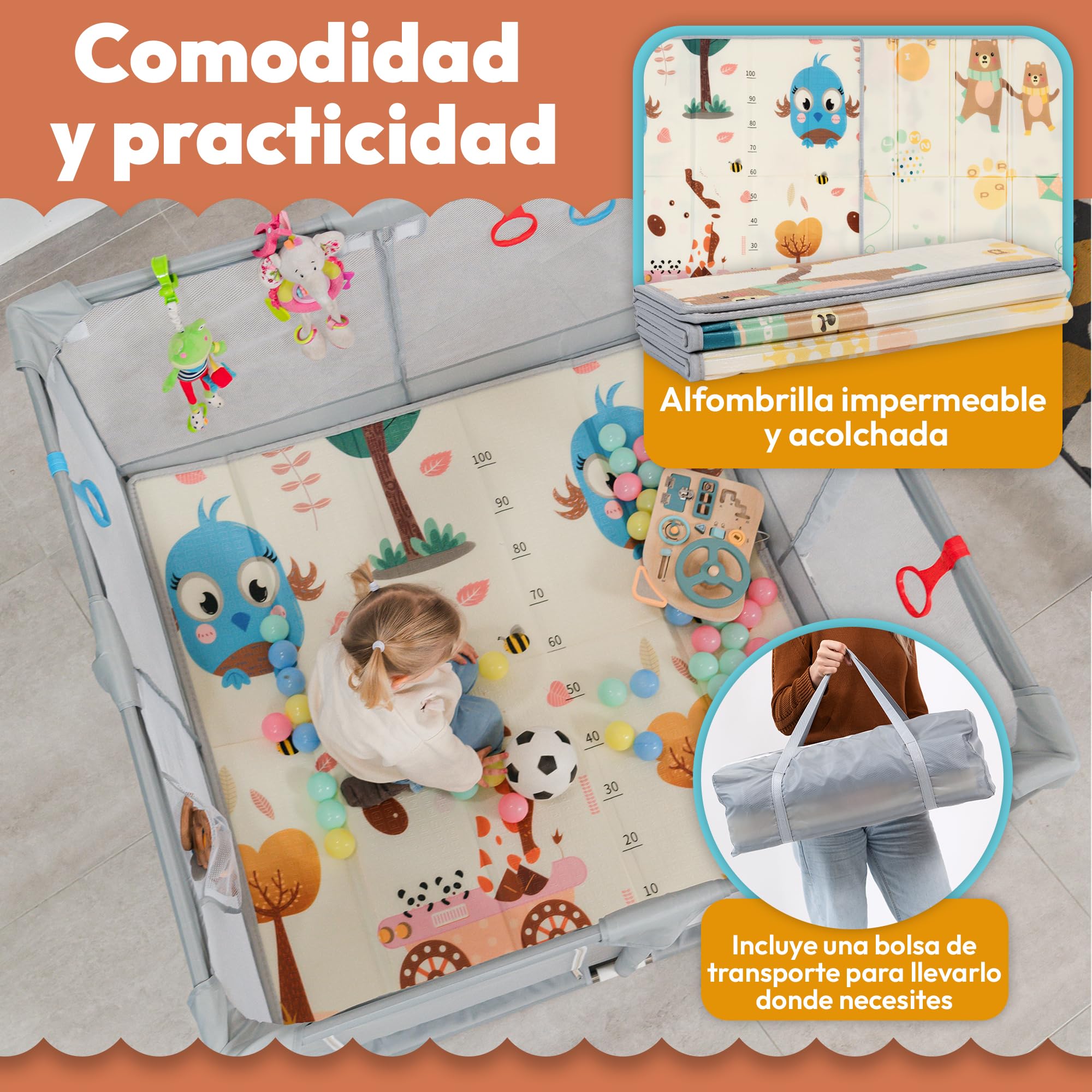 Parque Infantil Bebé 120x120 cm Incluye Alfombra + Accesorios Corralito Bebé Parque Bebé 120x120, Corral para Bebé, Parques Infantiles Bebés para Casa Corral de Juegos para bebés Baby Playpen