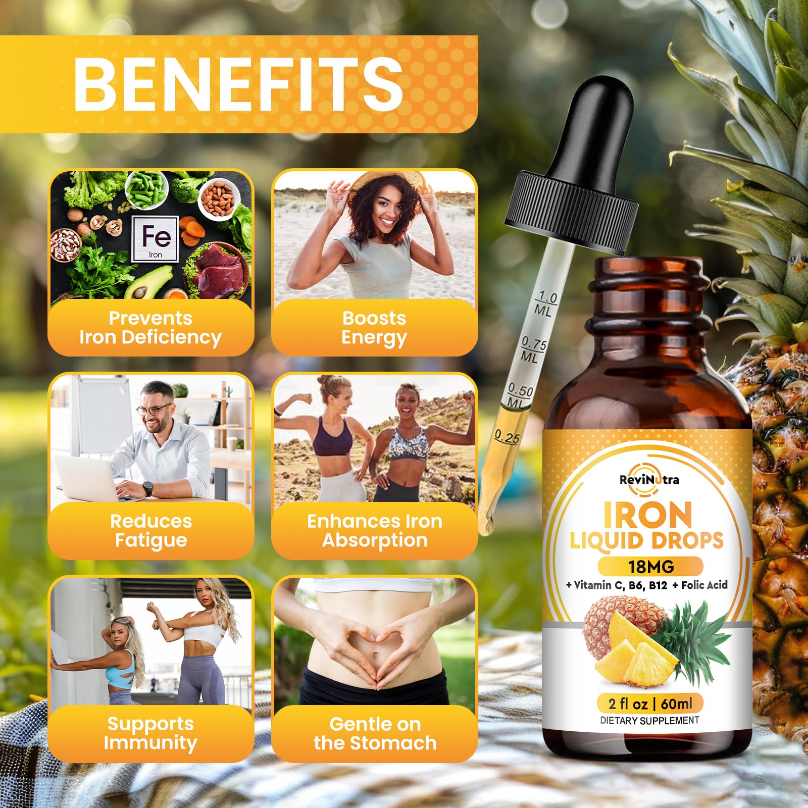 Liquid Iron Supplement for Women, Men & Kids, Liquid Iron Drops with Folate, Vitamin C, B6, B12 for Anemia, Red Blood Cell, Energy Support, Pineapple Flavor, 2 Fl Oz — Amazon image 3