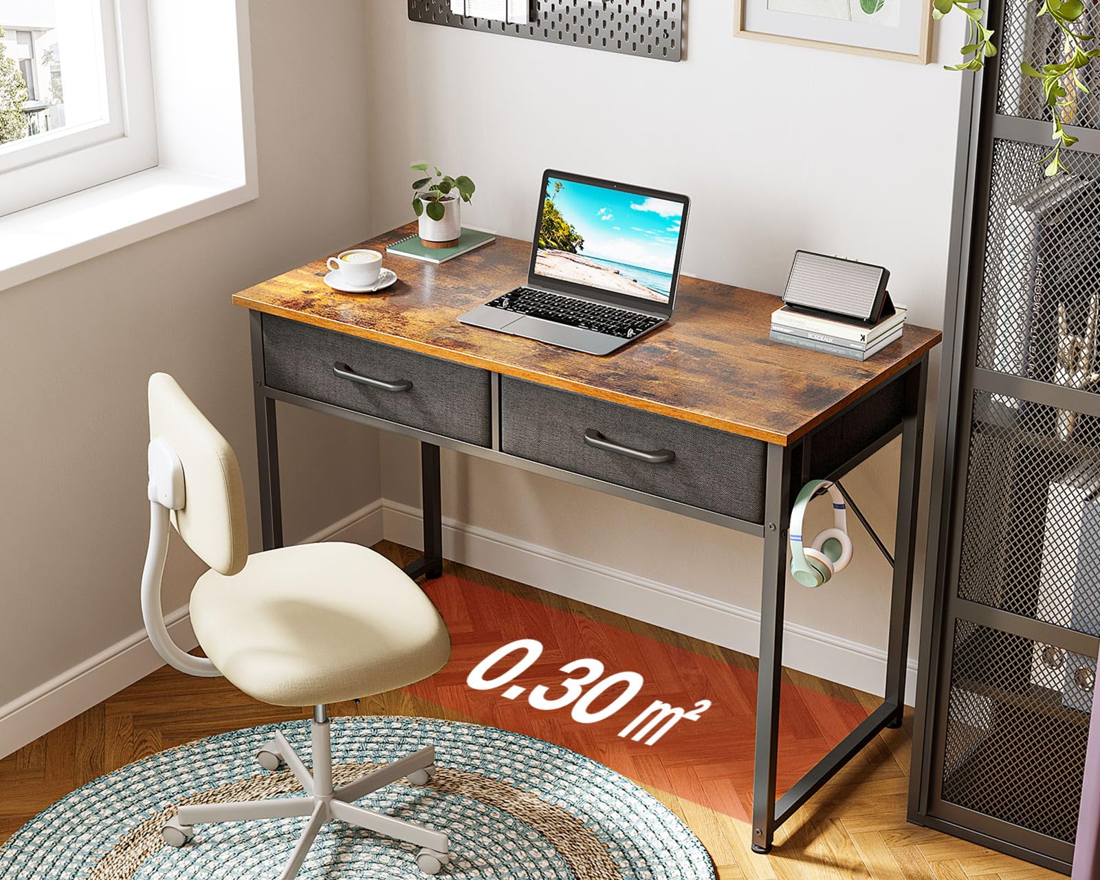 ODK Petit Bureau avec 2 Tiroirs, 100 x 40 x 78.7 cm, Marron | Bureau d'Ordinateur avec tiroirs en tissu, crochet casque et rangement pratique pour livres, accessoires et fournitures.