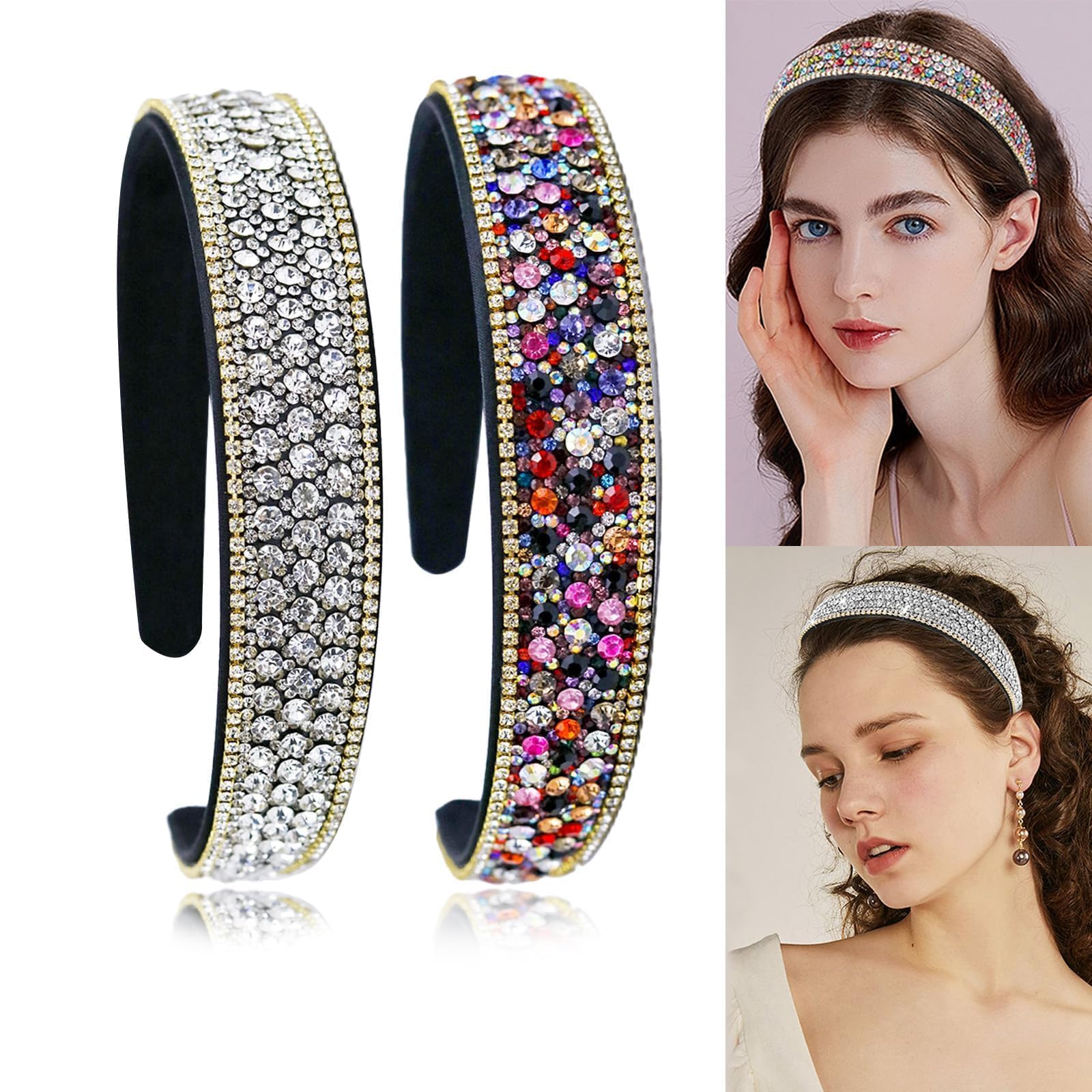2 Pcs Fashion Rhinestone Headbands for Women, Glitter Crystal Headband Jeweled Headbands for Girls, Bling Sparkly Diamond Headband Hair Accessories (Silver & Rainbow)