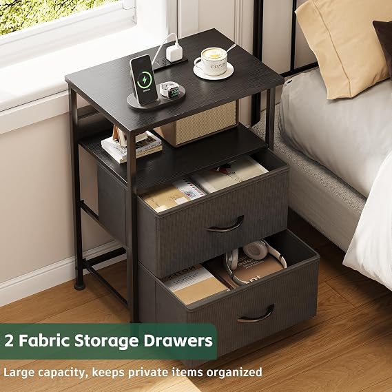 Bedside Table with Charging Station, Smart Beside Cabinet, Nightstand with 2 Fabric Drawers & LED Light, Small Side Table with Open Storage Shelf, End Table for Living Room, Bedroom, Black