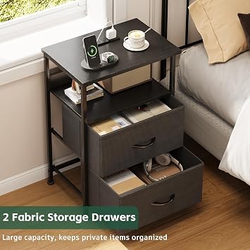 Bedside Table with Charging Station, Smart Beside Cabinet, Nightstand with 2 Fabric Drawers & LED Light, Small Side Table with Open Storage Shelf, End Table for Living Room, Bedroom, Black