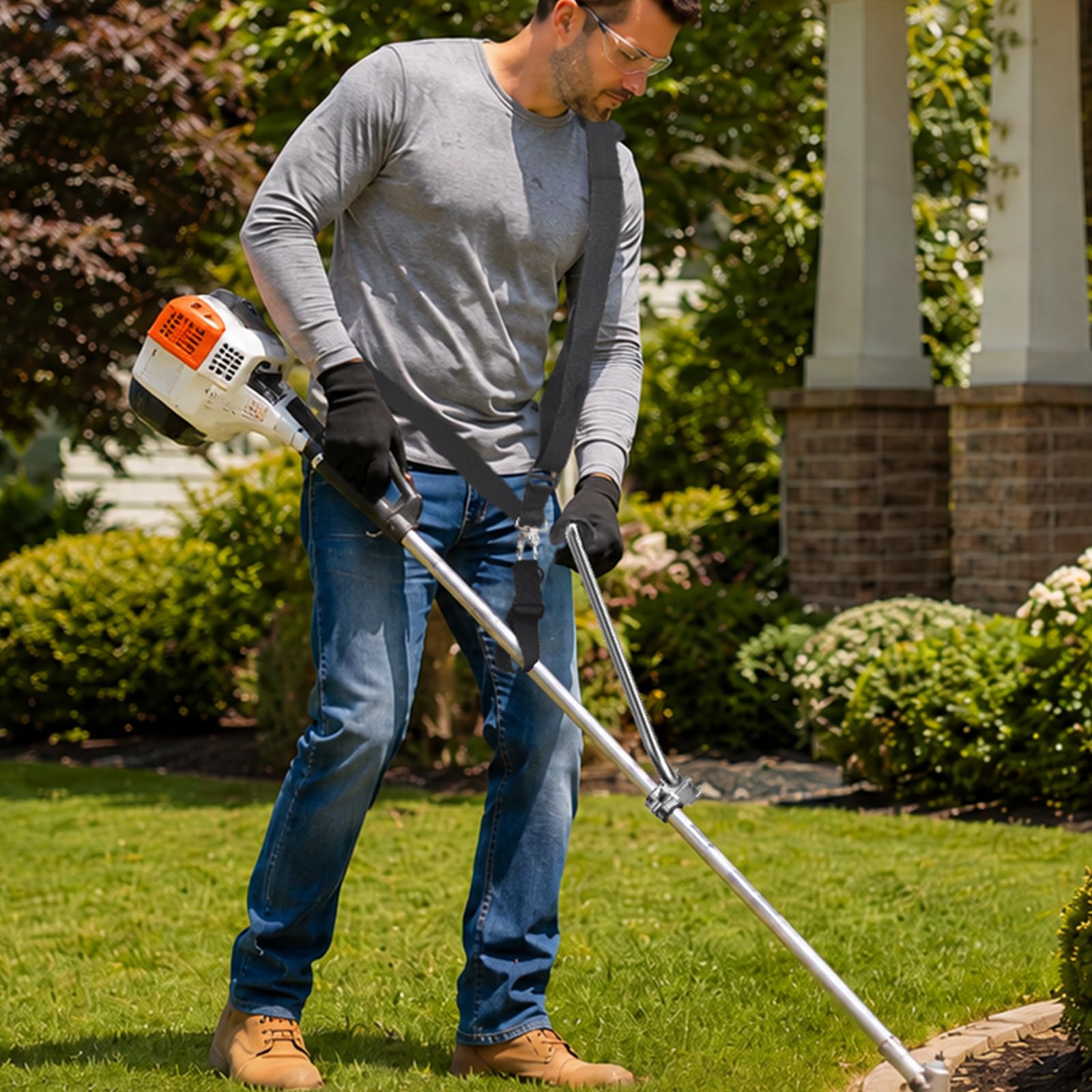 Agarre ergonómico para recortadora de hilo con arnés de correa de hombro: extensión de mango para cuidado de césped y patio, abrazadera de soporte incluida para herbicidas, paisajismo,
