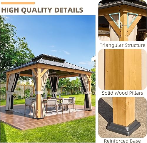 Miniatura 3 de YOLENY Gazebo de techo rígido de 11 x 13 pies, kiosco de madera para exteriores, techo doble de policarbonato, malla y cortinas, cenador de patio