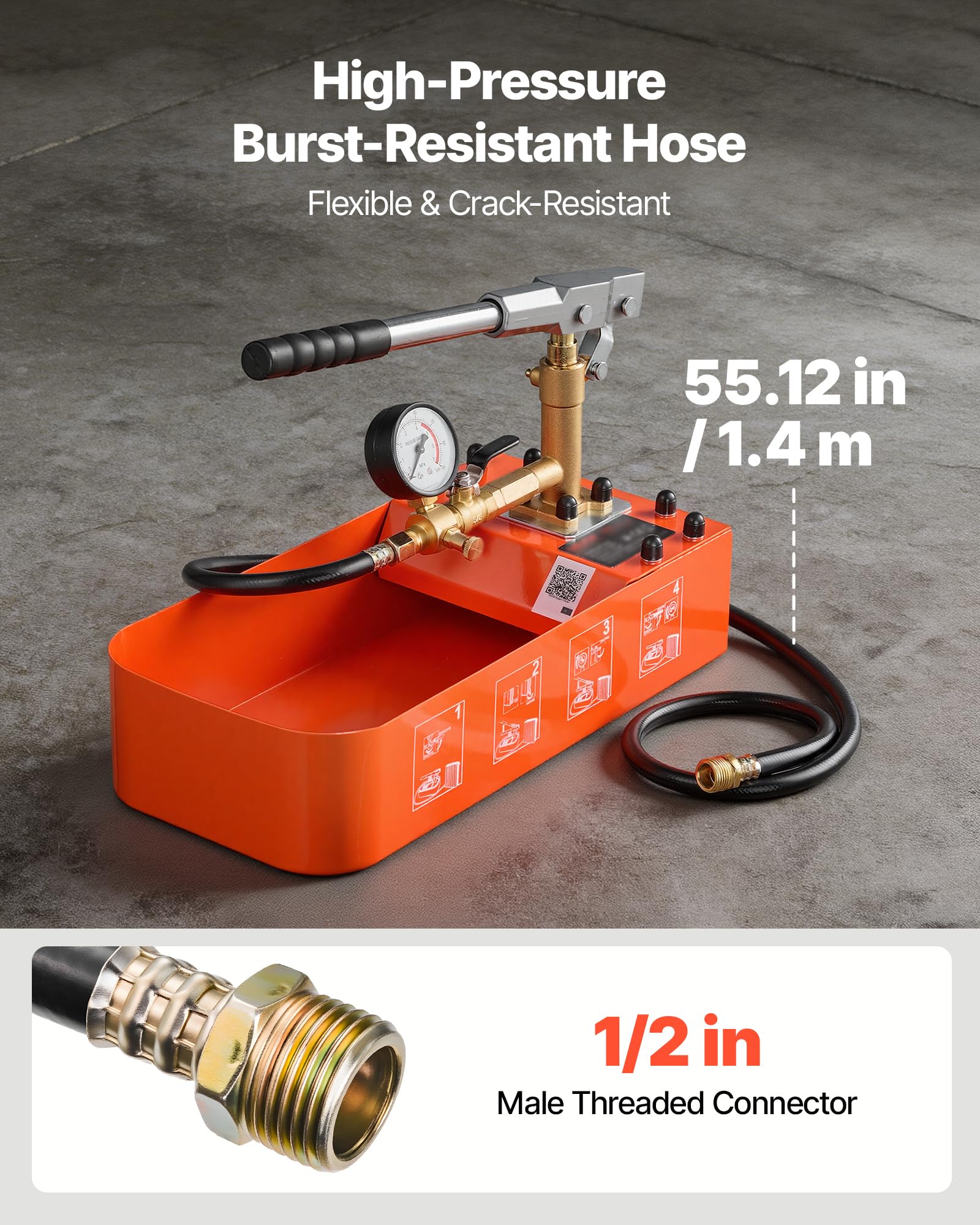 VEVOR Bomba de Prueba de Presión Hidráulica 7,57 L, Manual, Válvula Simple | Rango de prueba de 0-50 bar, Con Manómetro y Tanque, Material Resistente, Para Sistemas de Tuberías de Agua, Calefacción