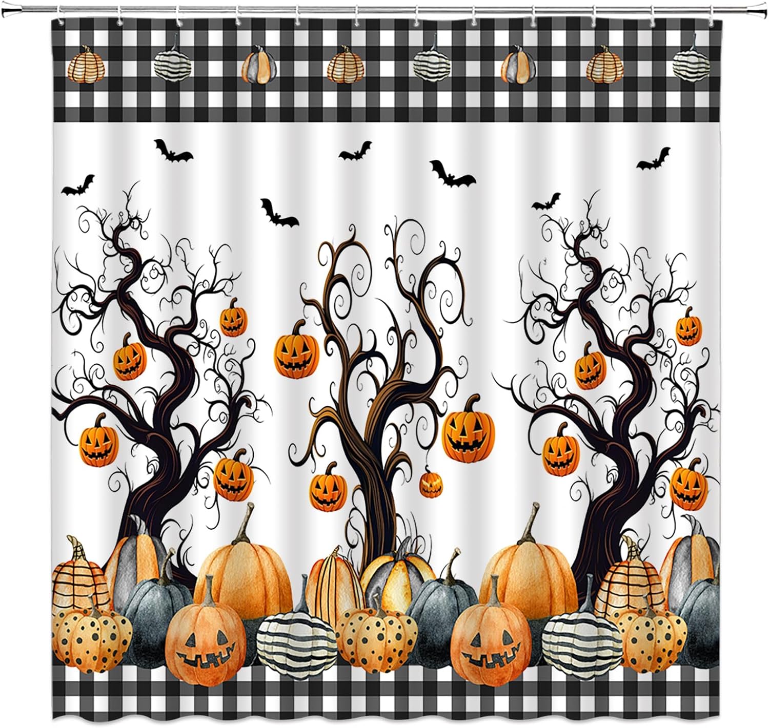 Halloween Shower Curtain Gothic Fall Pumpkin Dead Tree Bat Thanksgiving Harvest Black White Plaid Spooky Holiday 70" WX96 H Bathroom Decor Fabric Curtain with Hooks