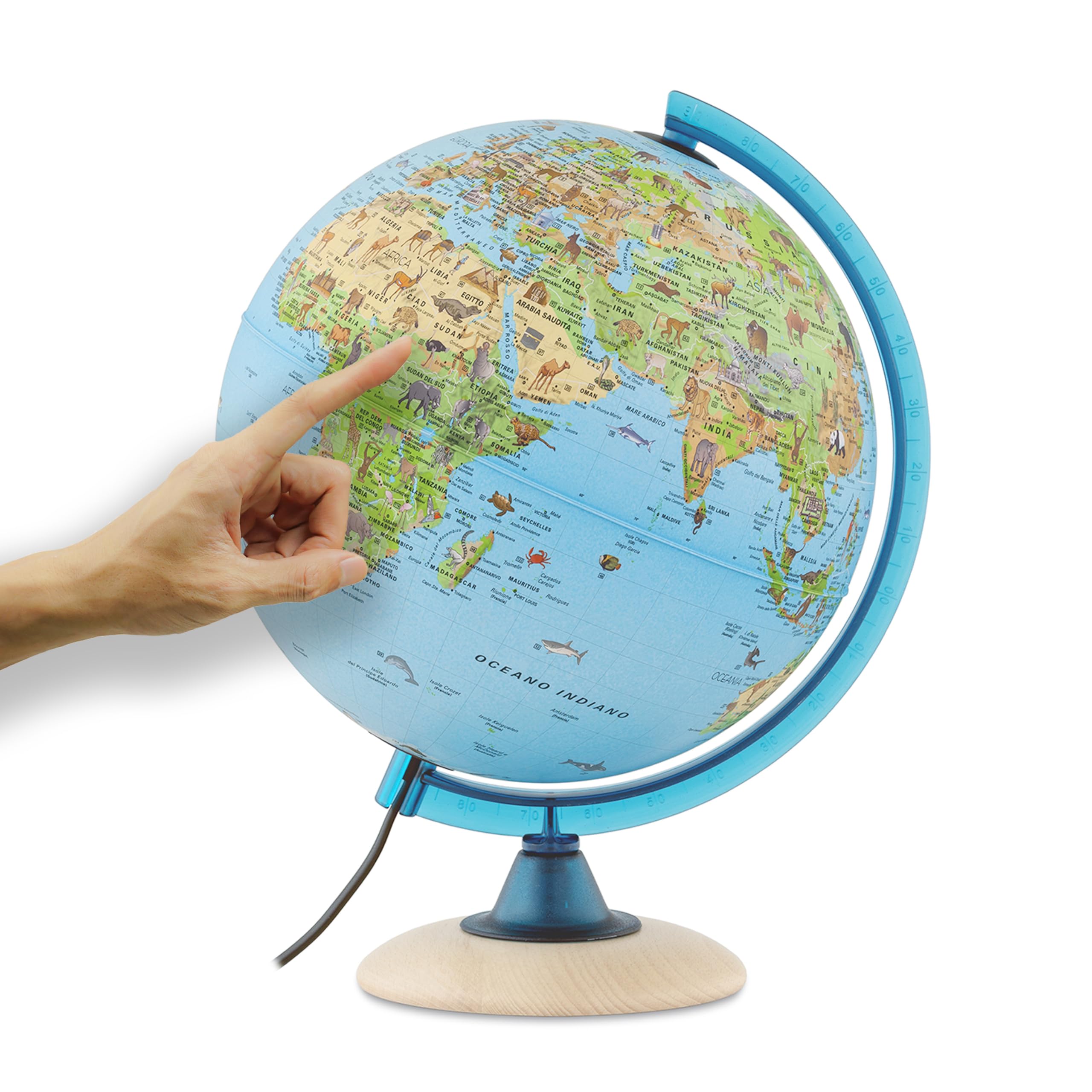 Mappamondo per bambini, Globo luminoso per bambini, diametro 25 cm, con tante illustrazioni interessanti, base di legno chiaro, testo in italiano