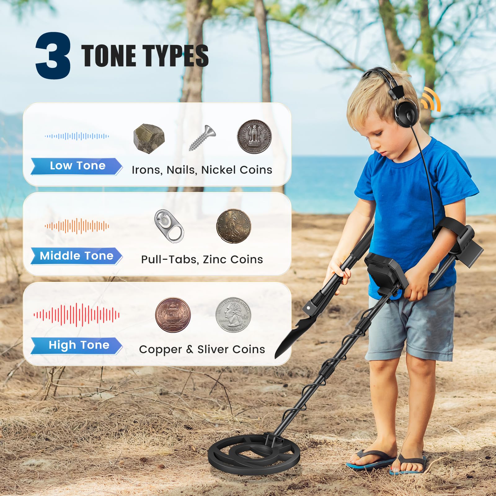 Metal Detector ad Alta Precisione, Lunghezza Regolabile 113 cm - 141 cm, 5 Modalità, Metal Detector Professionale con Schermo LCD, Bobina di Ricerca Impermeabile IP68 per Adulti & Bambini
