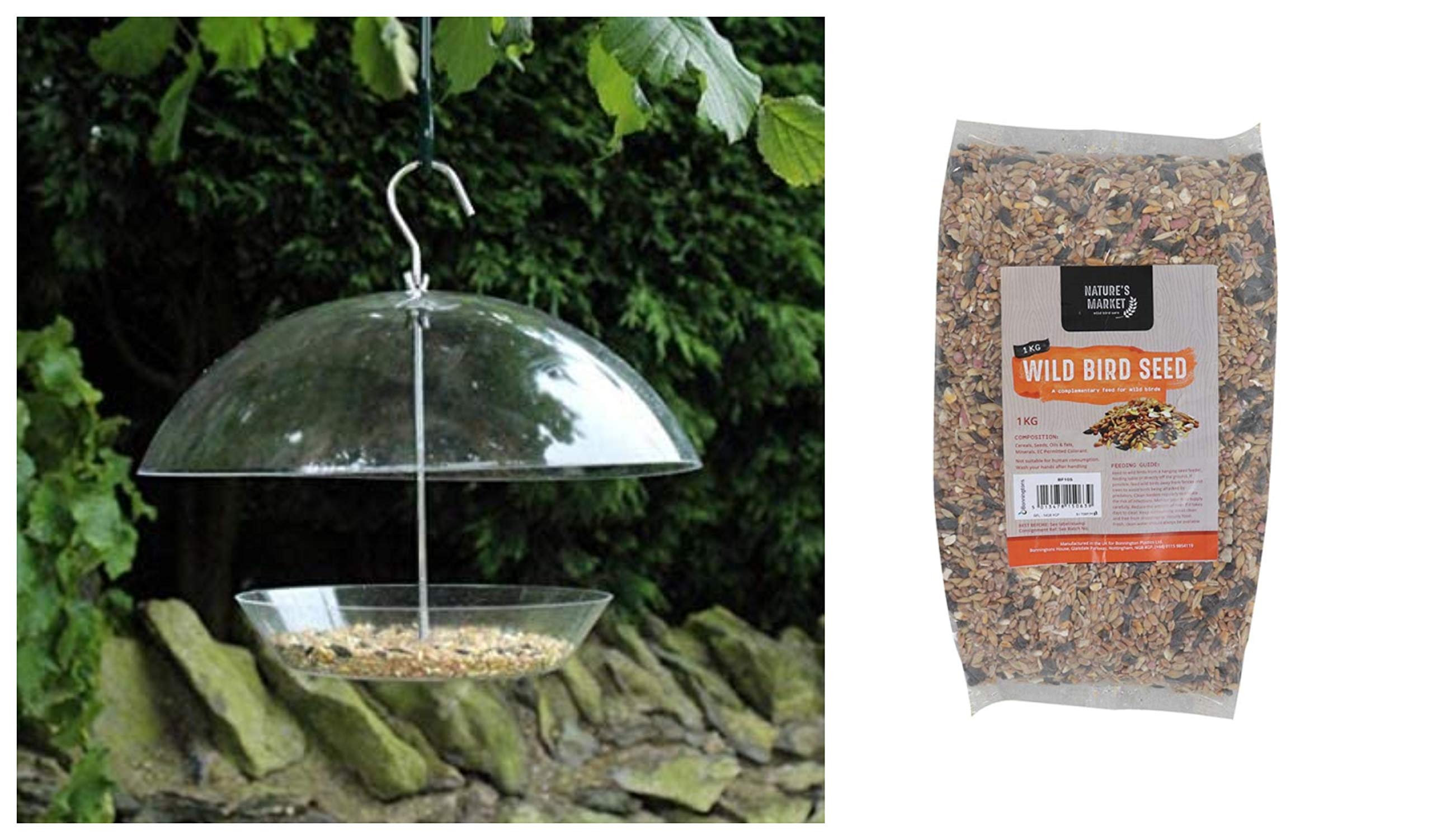 Garden Mile® Clear Hanging Dome Canopy Bird Feeder with 1kg Bag of Bird Feed and Nut Seeds for Wild Birds - Outdoor Garden Patio Wildlife Food