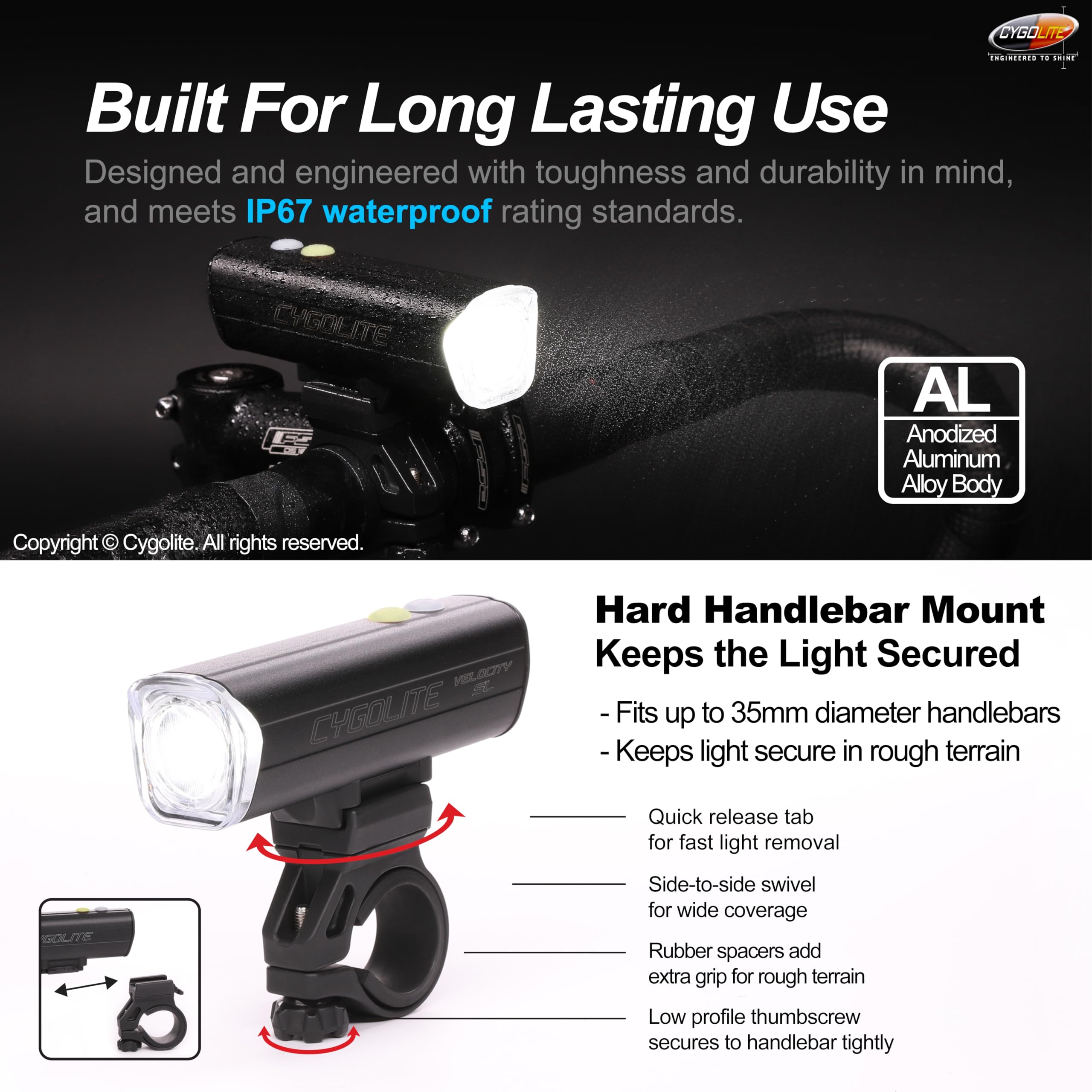 Cygolite Velocity SL Lampe de vélo 1000 lumens en alliage d'aluminium anodisé, 9 modes d'éclairage, luminosité réglable fine, étanche IP67, support rigide sécurisé, recharge USB-C, vélos de route,
