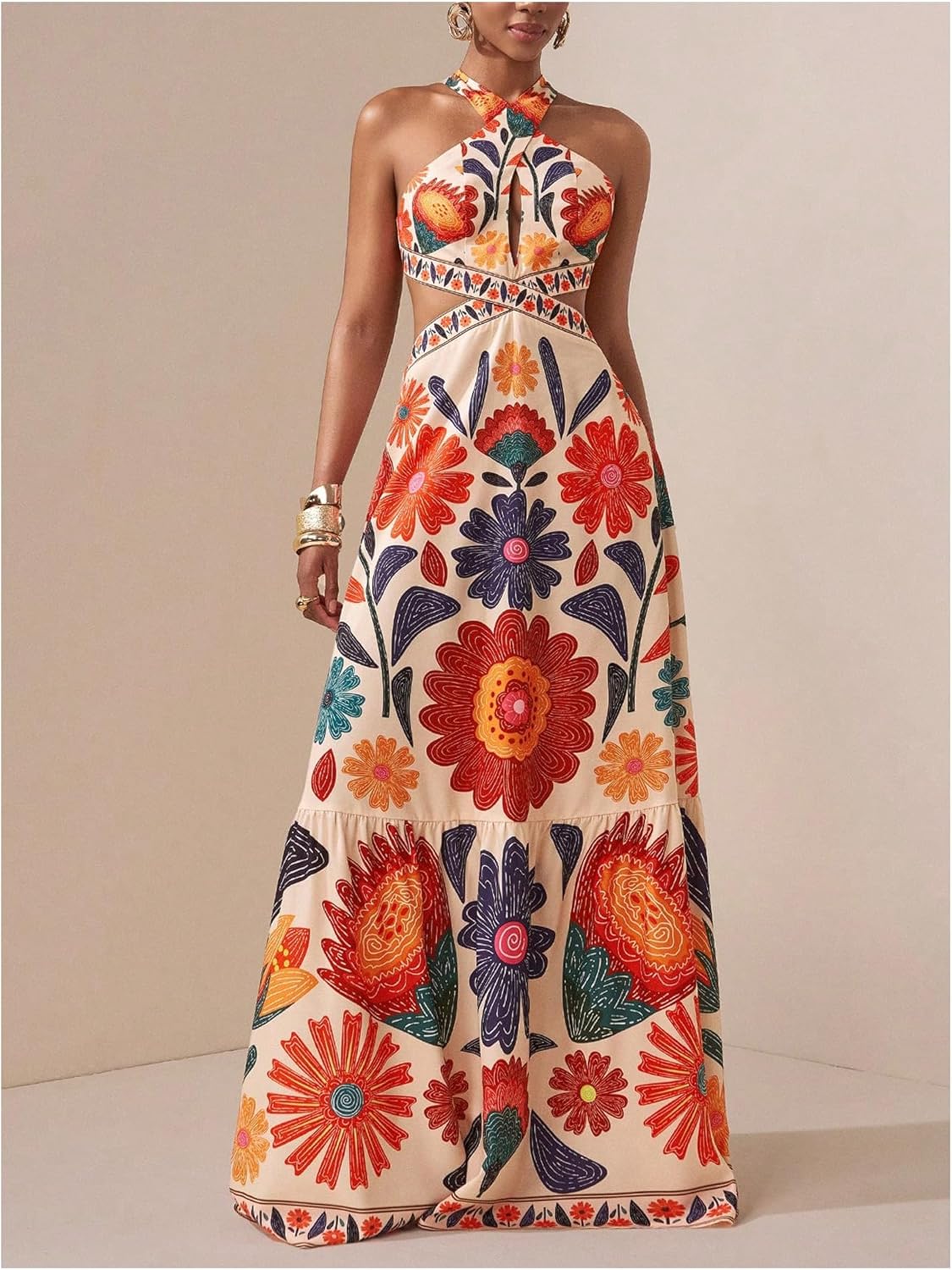Floerns Women's Summer Floral Maxi Dress Cut Out Halter Backless Boho Beach Vacation Dresses - Image 5