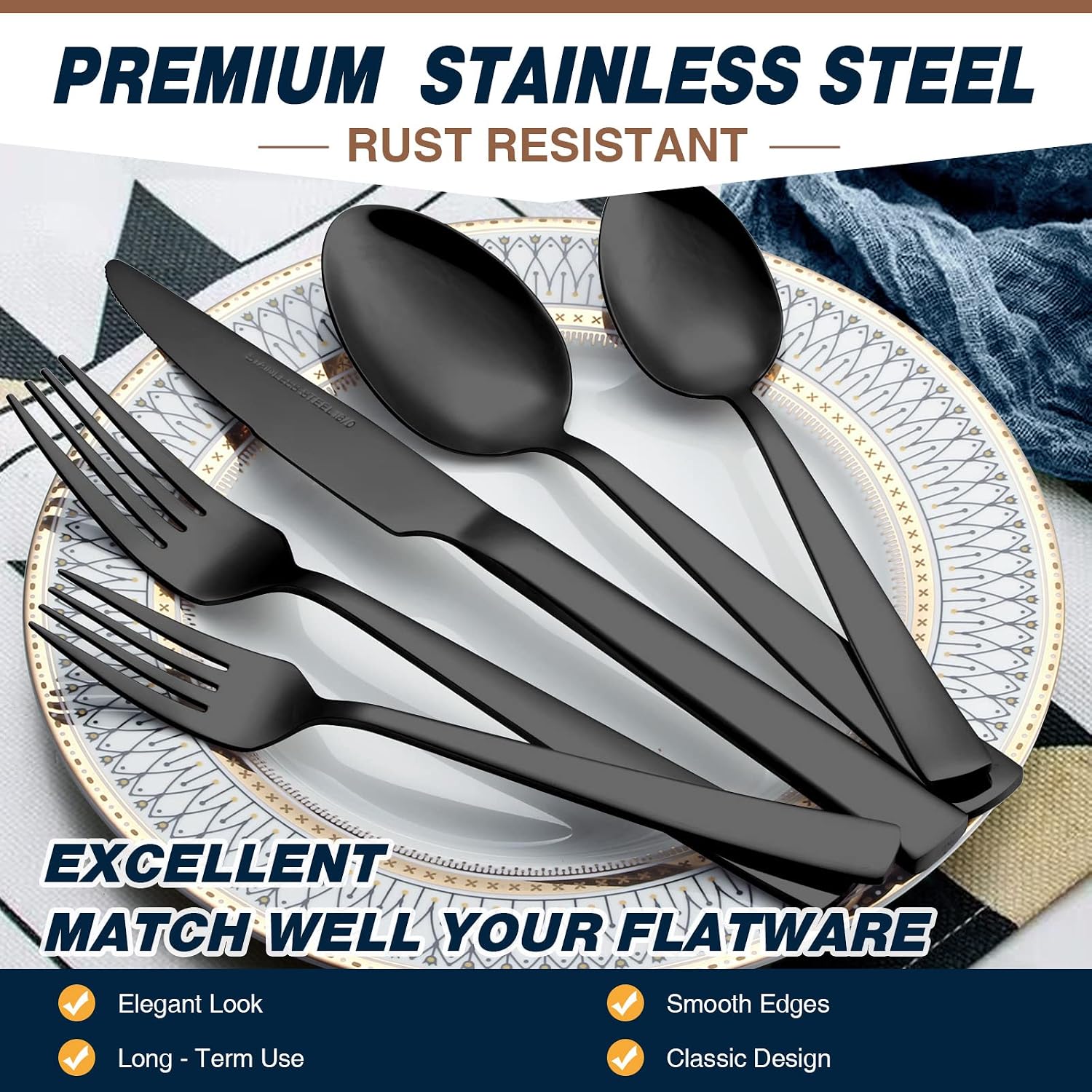 Black Silverware Set, Umite Chef 40-Piece Stainless Steel Flatware Set Cutlery Set for 8, Fork Spoon Knife Set Eating Utensils Tableware, Set for Kitchens, Dishwasher Safe