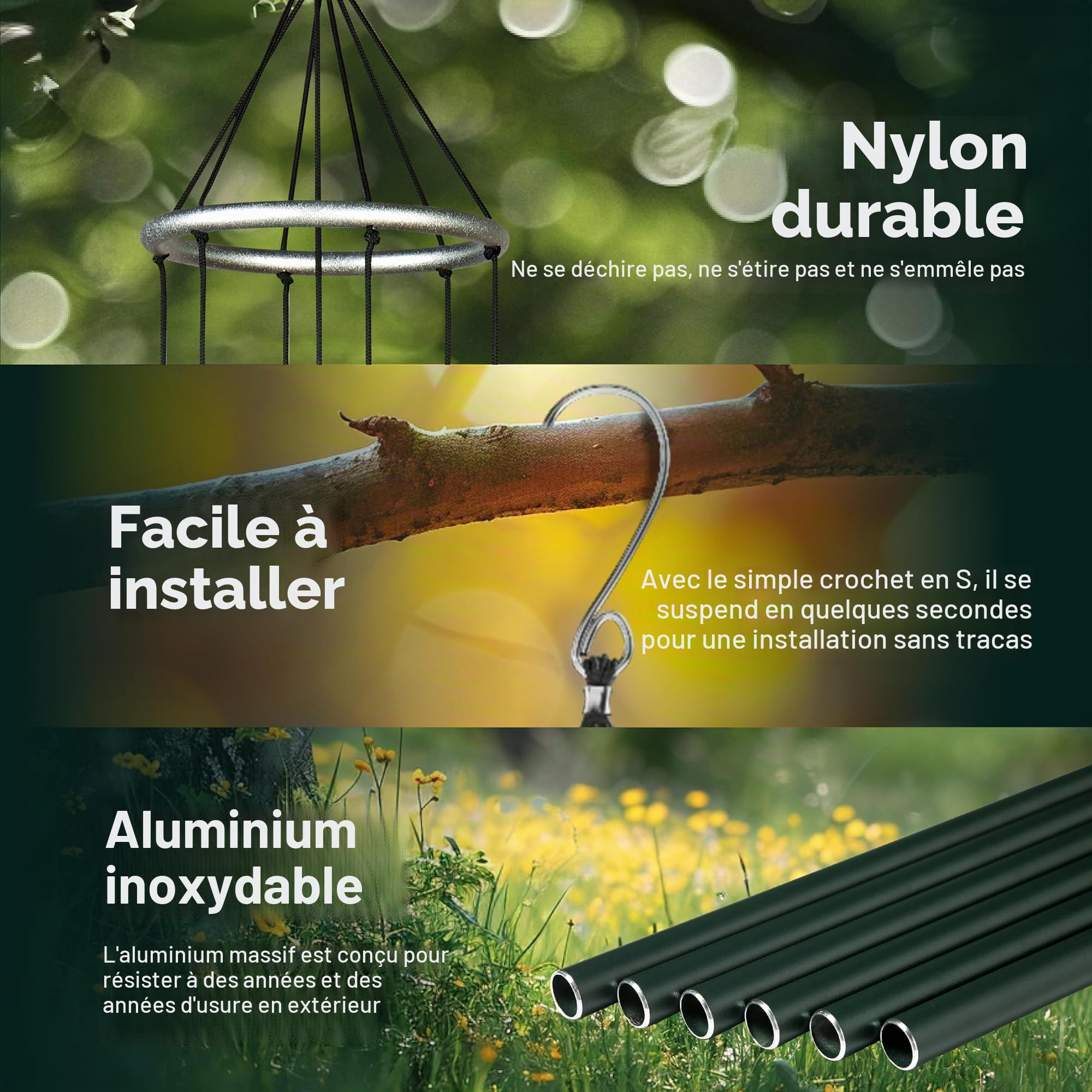 Nature's Melody Aureole Tunes Carillon à Vent d'extérieur, 6 Tubes, Gamme pentatonique de Mi, Aluminium Inoxydable, Finition poudrée, Crochet en S, pour condoléances, Cadeau commémoratif, Jardin Zen