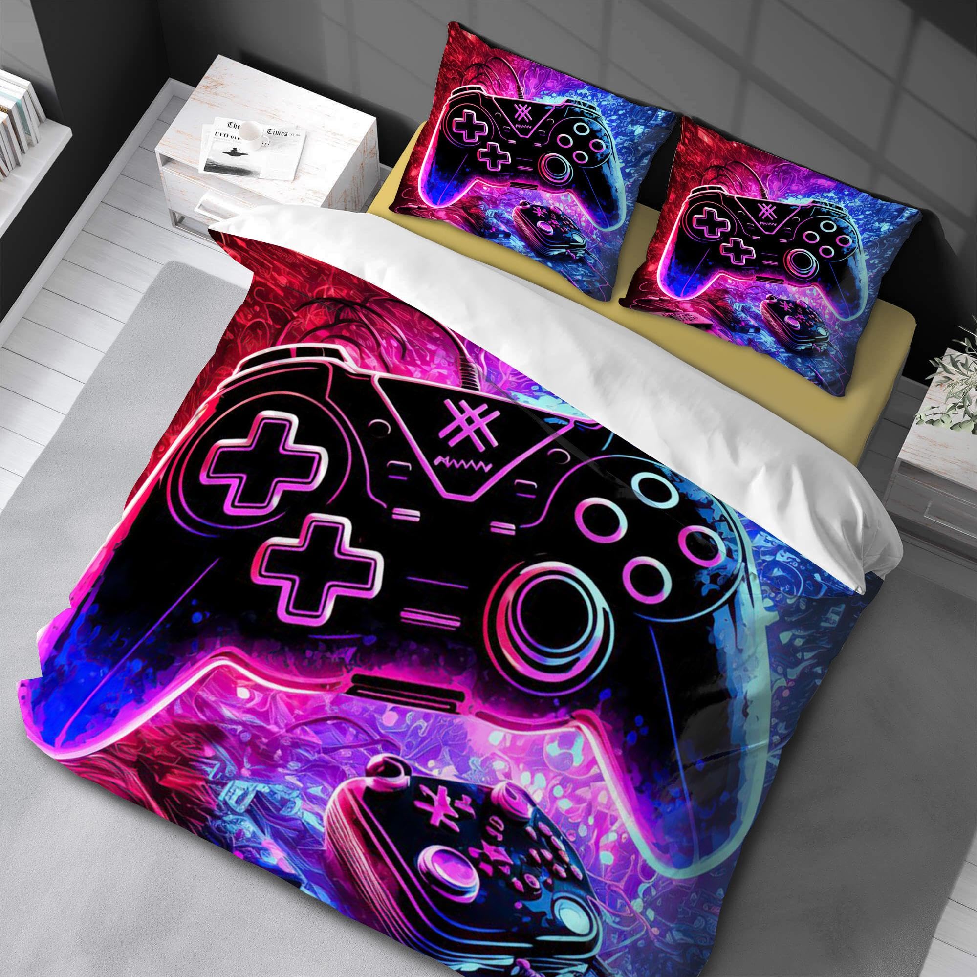 Parure de lit gamer 155x220cm avec taie d'oreiller 80x80cm, idée cadeau pour ados