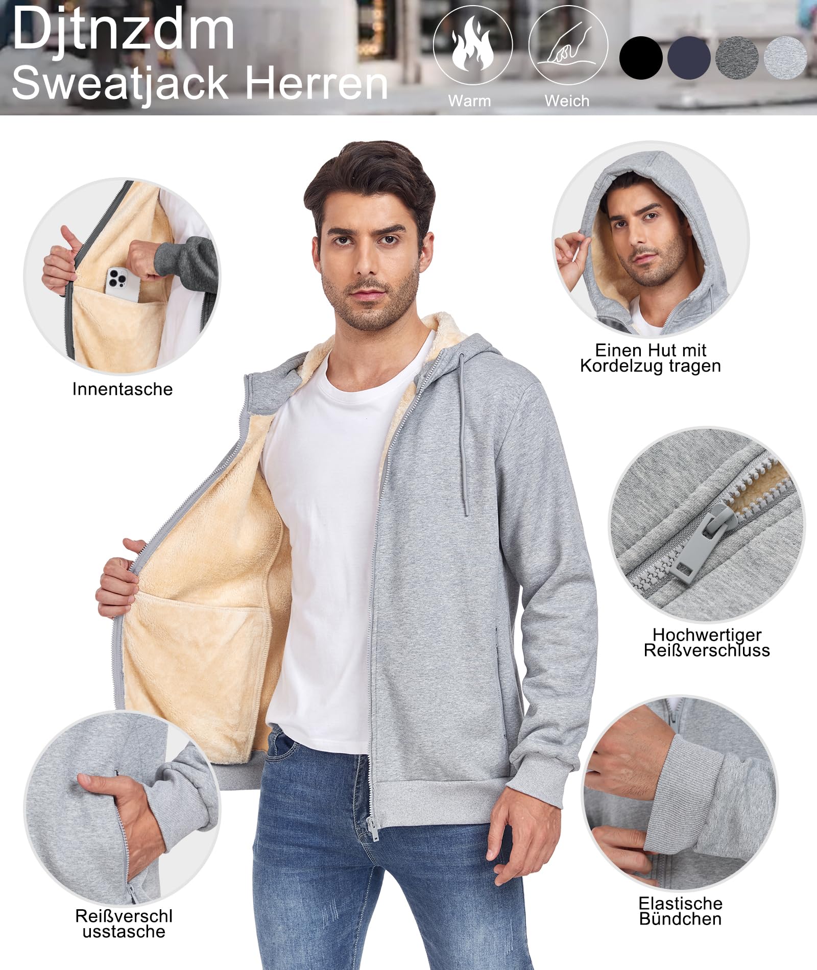 Djtnzdm Felpa con Cappuccio e Zip Uomo Inverno Felpa in Pile Caldo Casual Hoodie con Cerniera Uomo Tasche Giacca Termica con Zip
