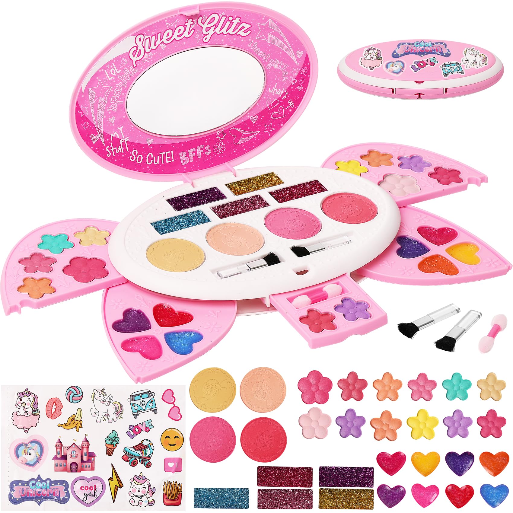 Kids Makeup Kit for Girl,Real Make Up Set,Fold Out Makeup Palette with Mirror, Non-Toxic Makeup Kit for Toddler Kid Children Princess,Christmas Birthday Gift Toys for Girl 3 4 5 6 7 8 Year Old