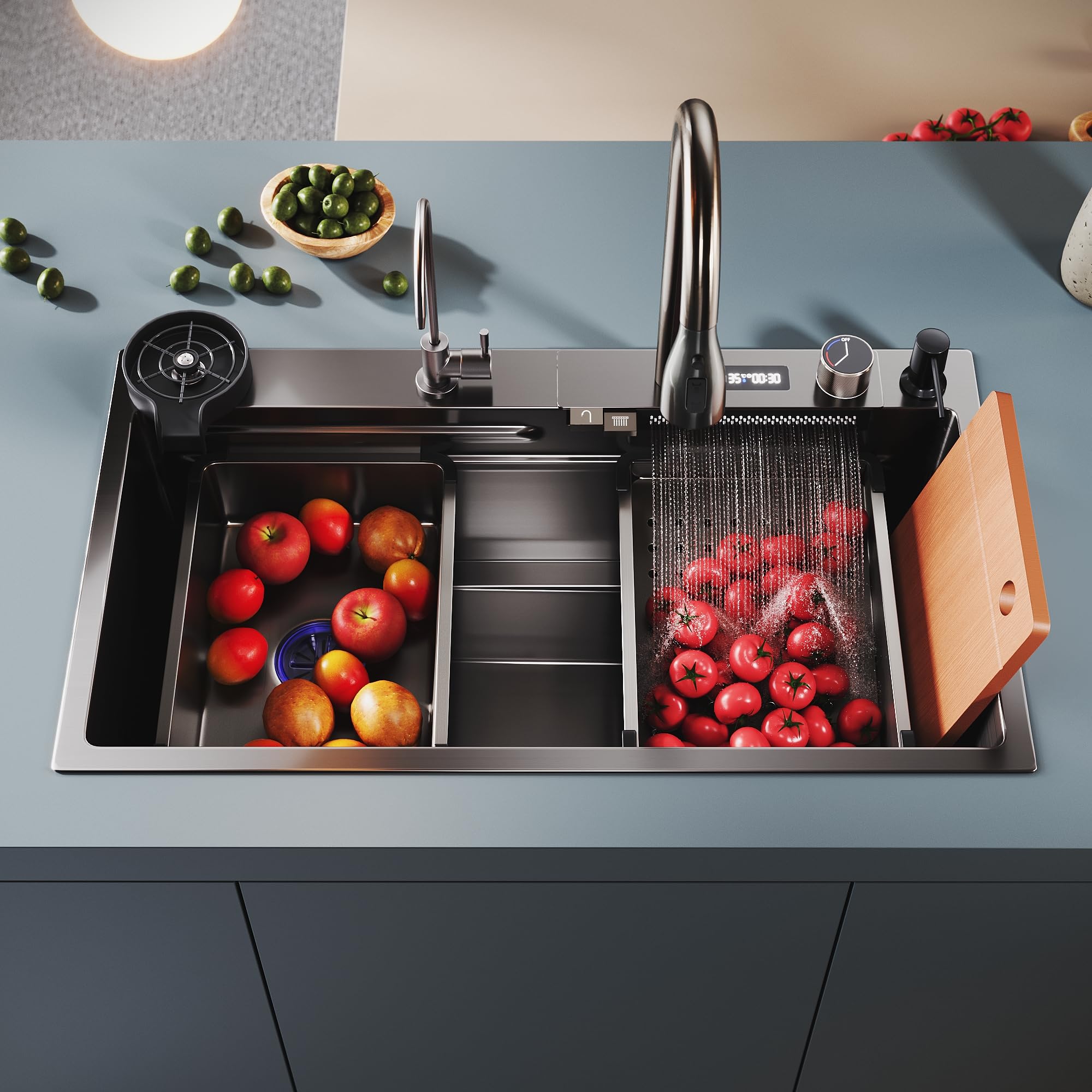 SONNI Lavello, lavello da cucina, cascata da cucina con rubinetto estraibile, indicatore di temperatura, lavastoviglie per tazze, cestello filtro dell'acqua, tagliere in acciaio inox 304, 80 x 45 x 23