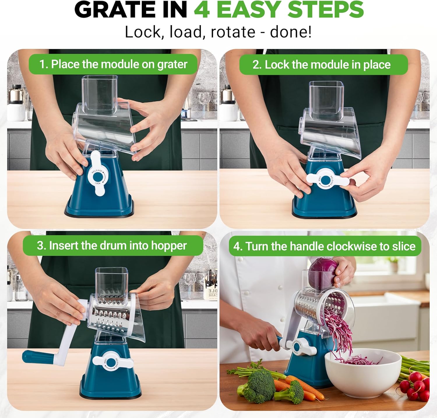 nutrichef 3 in 1 cheese grater & shredder | strong suction base, rotary handle with safety lock | includes hand crank & 3 drum blades for 3 textures, fine, medium & strips | blue