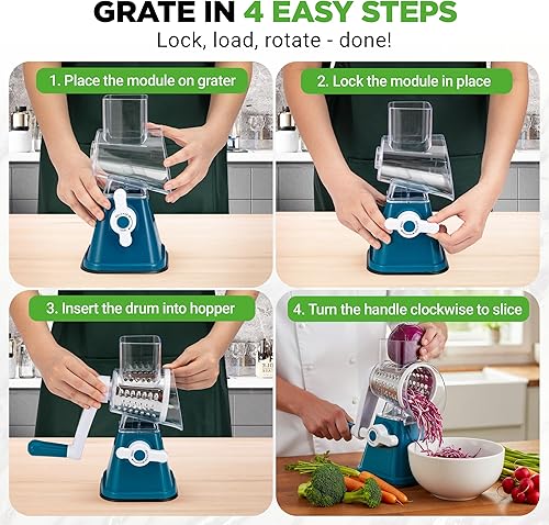Miniatura 2 de Nutrichef Rallador y triturador de queso 3 en 1 Base de succión fuerte, mango giratorio con bloqueo de seguridad Incluye manivela y 3 cuchillas de