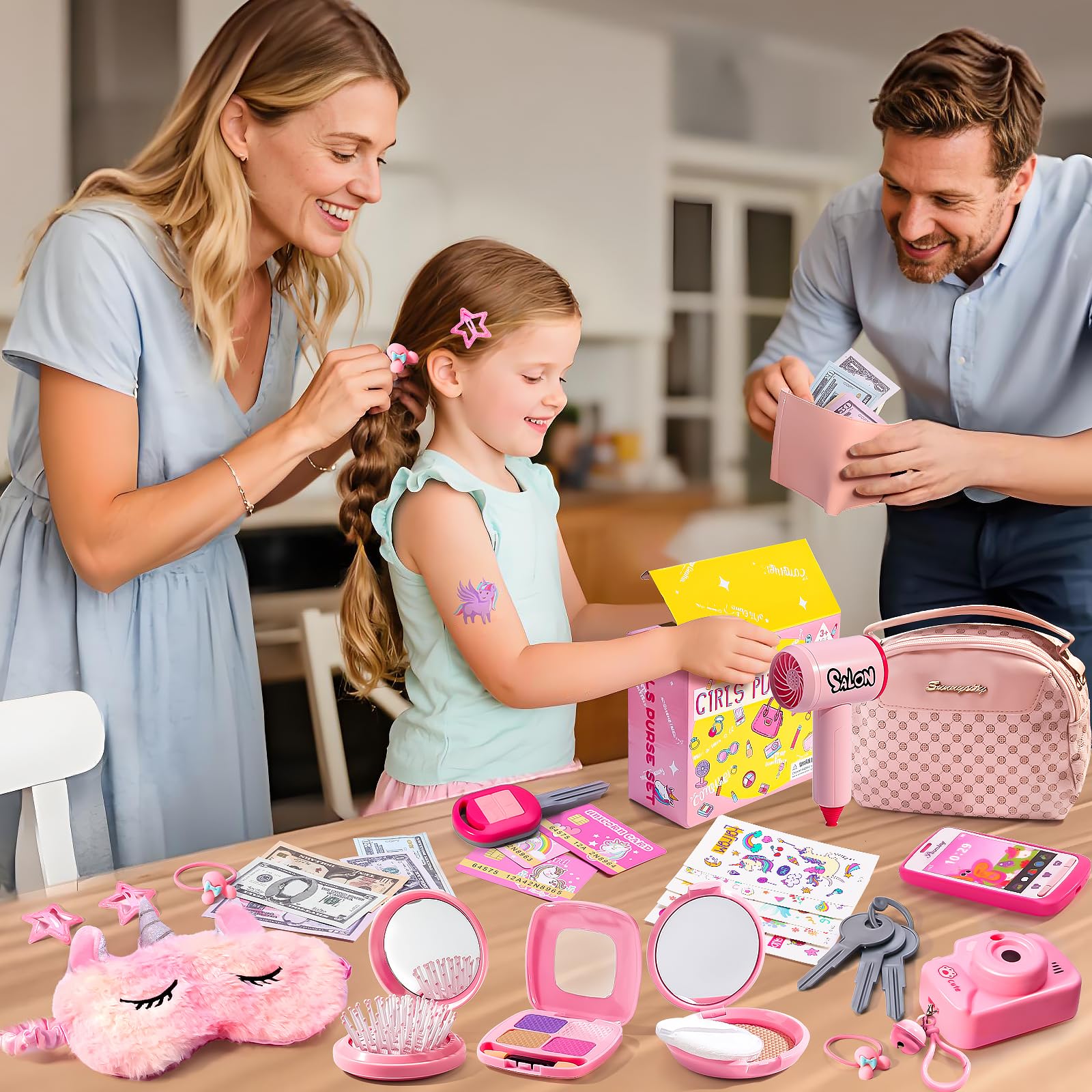 Monedero para niñas pequeñas con accesorios, bolso con maquillaje de simulación para niñas, incluye tatuajes de unicornio, máscara de dormir para niños, secador de pelo, juguetes de juego de princesa 8