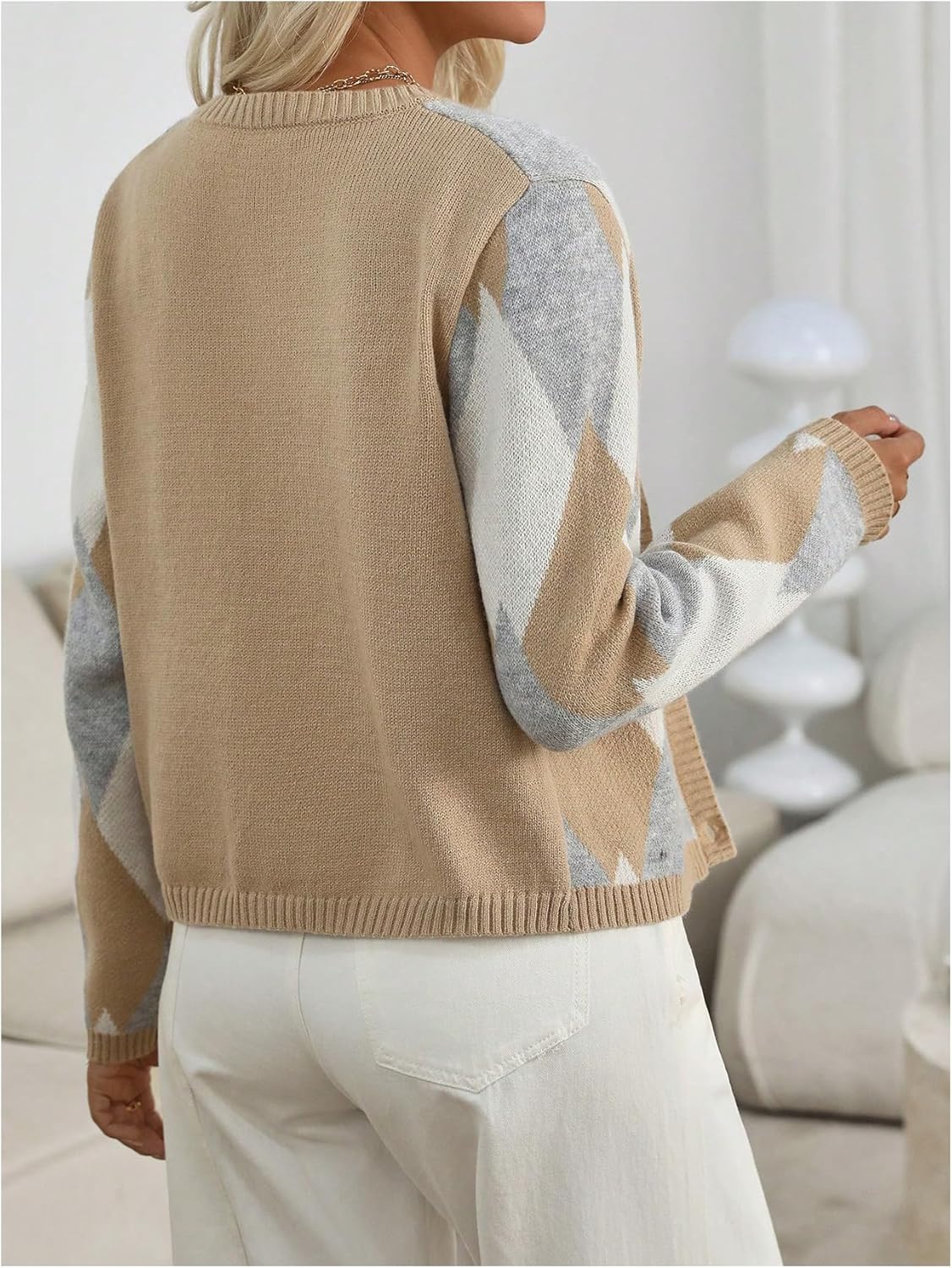 GORGLITTER Women's Argyle Plaid Cardigan Button Up Crewneck Long Sleeve Cropped Knitwear Fall Trendy 2025 Sweater - Image 3