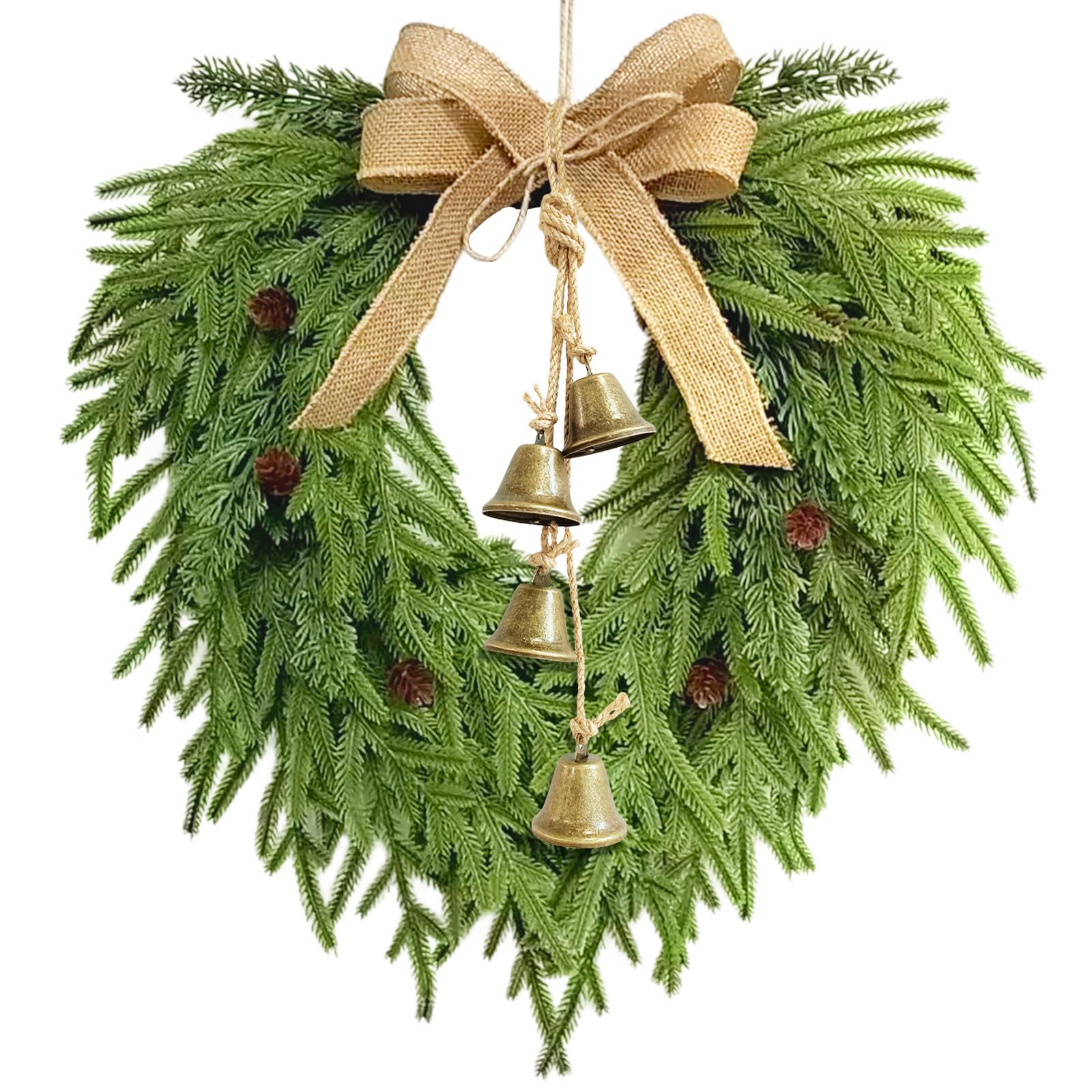Faux Christmas Norfolk Pine Wreath with 4 Pcs Rustic Vintage Iron Bells,20 Inch Artificial Green Wreath Greenery Realistic Wreath Holiday Decoration (Bow)