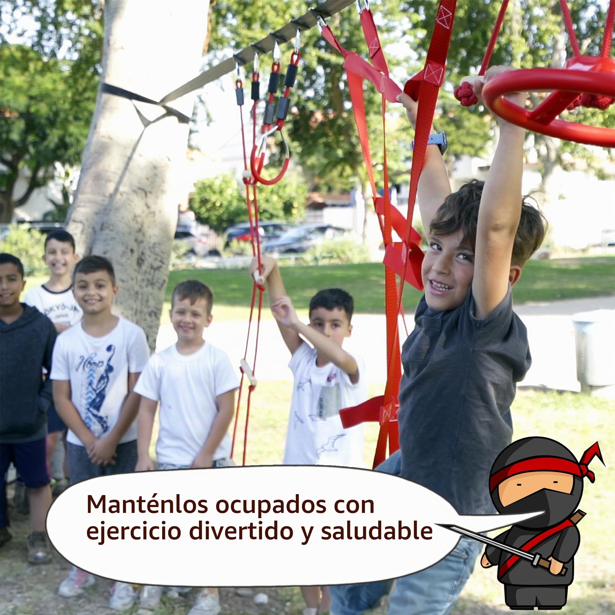 Carrera de obstáculos Ninja para Patio Trasero de niños, 10 obstáculos duraderos y línea de holgura de 15 m, Equipo de Juego al Aire Libre para niñas y niños con Red de Escalada y Escalera, Rueda