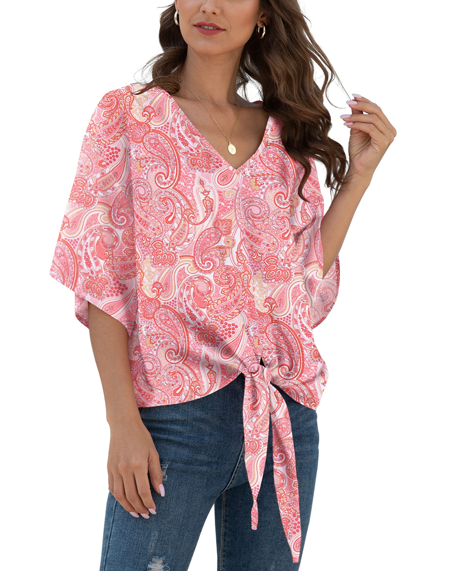 VIISHOW Womens Tie Front Chiffon Blouses V Neck Batwing Short Sleeve Summer Floral Tops Shirts