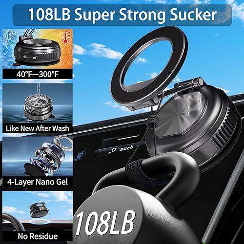 Miniatura 5 de Soporte de teléfono para automóvil Magsafe, soporte plegable ajustable de 360 para automóvil 108 libras de succión más fuerte y 2800gf magnético