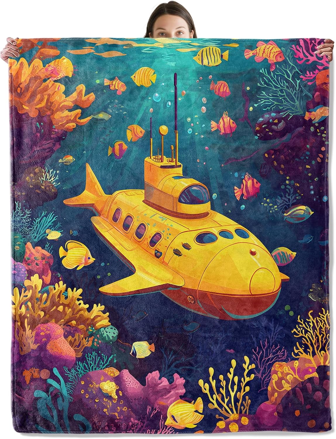 Submarine Adventure Blanket, Cozy Flannel Colorful Underwater Throw Blanket for Couch Outdoor, Plush Soft Lightweight Travel Blankets for Bed Decor and Gifts, for Women Kids Adults 50"x60"