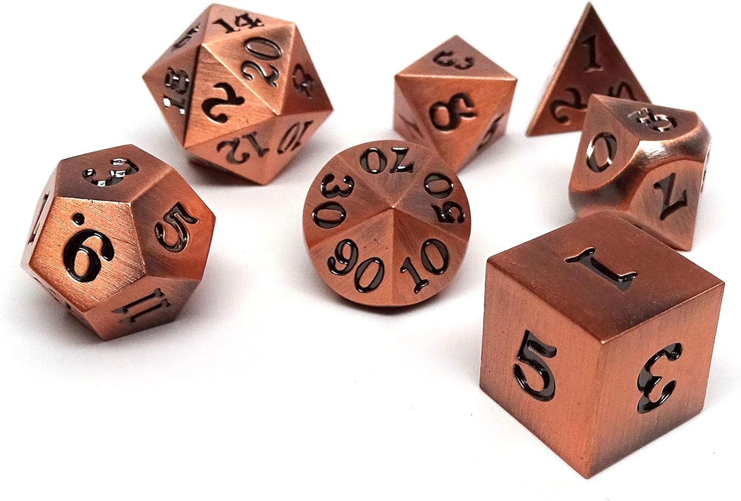 7 Piece Legendary Metal Dice Set - Bronze, Gold, Silver, and Copper Designs with Signature Font (Legendary Copper)