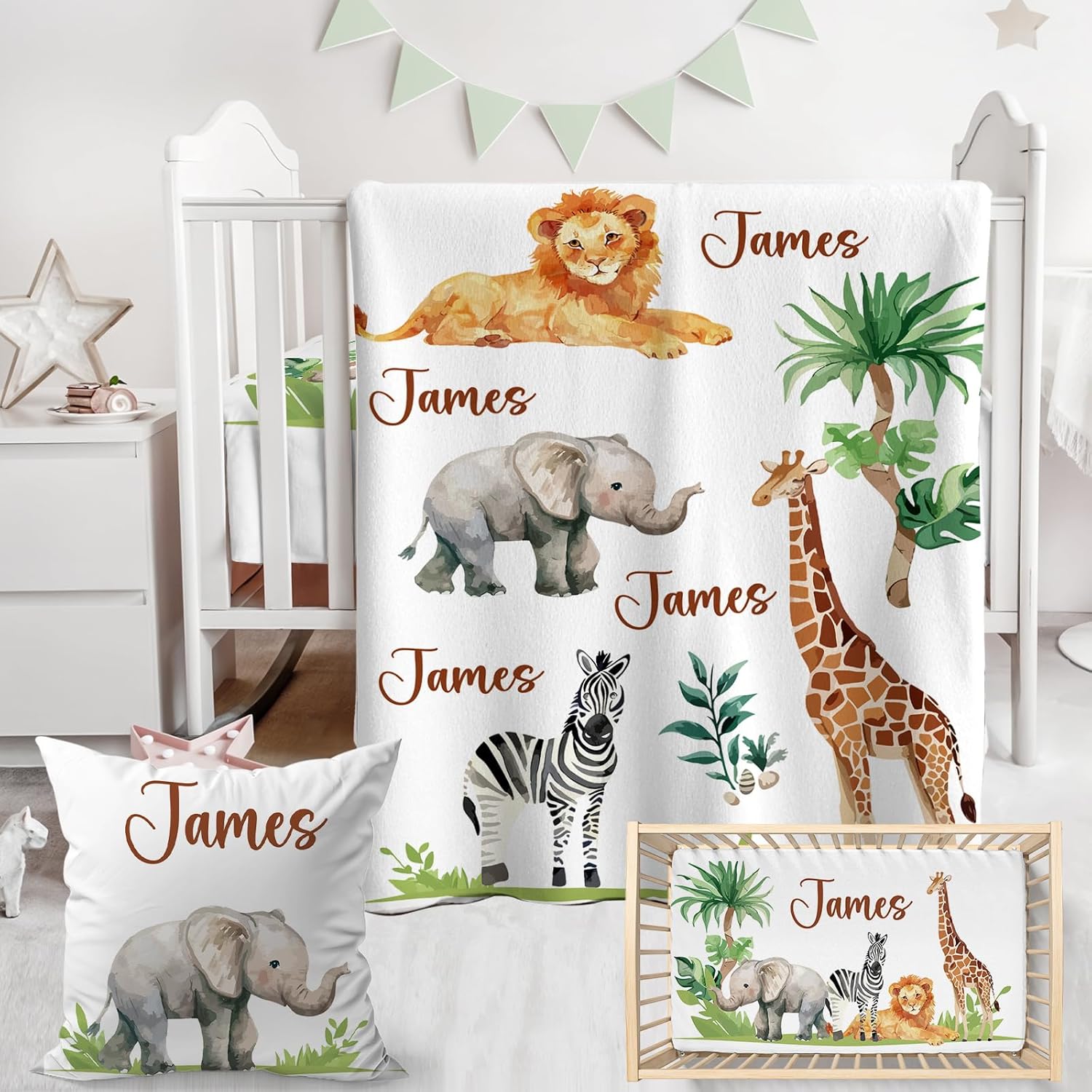 Personalized Baby Crib Bedding Set,3 Piece Custom Name Nursery Set with Blanket, Fitted Sheet & Pillowcase for Baby Girls & Boys, Safari Animals Theme(Fixed Size)