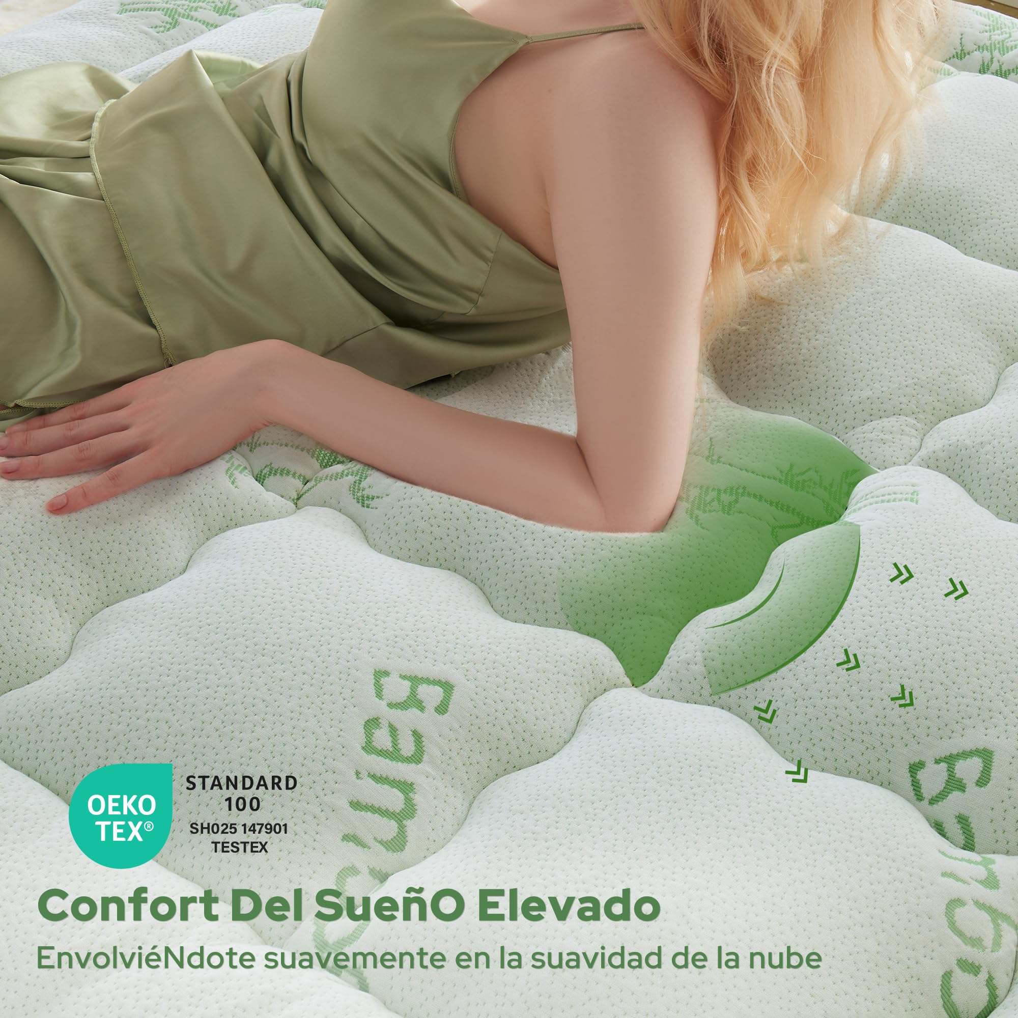 BEDLORE Sobrecolchón 160x200 cm, Topper Acolchado de Bambú Transpirable y Suave, Cubre Colchón con Faldón Elástico hasta 40 cm, Certificación Oeko-Tex, Verde